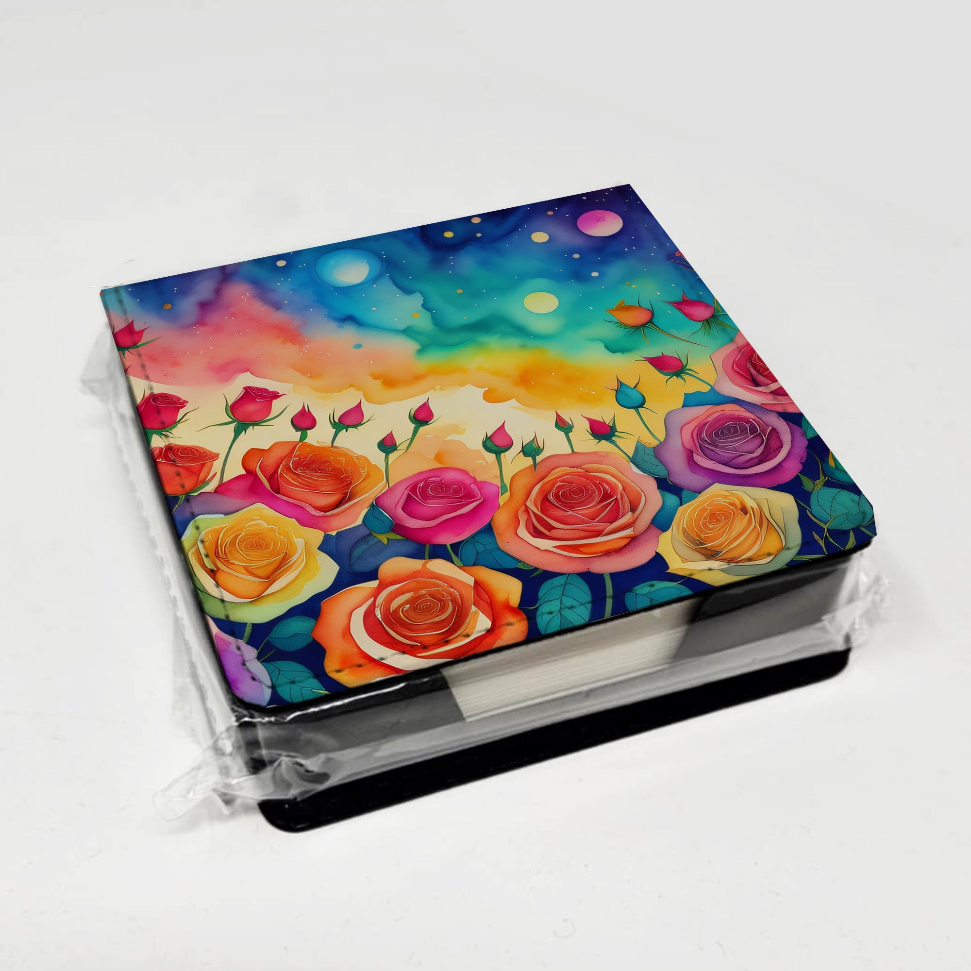 Roses in Color PU Leather Note Paper Holder with Artist-Designed Cover, Desk Accessory, Office Gift