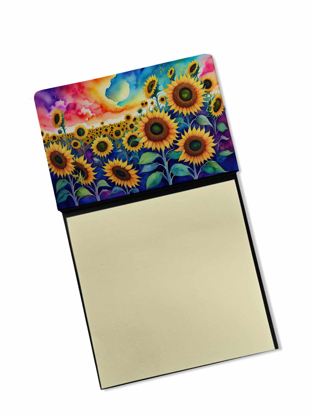 Sunflowers in Color Watercolor Sticky Note Holder Refillable Dispenser Desk Accessory 3x3 Pad Gift