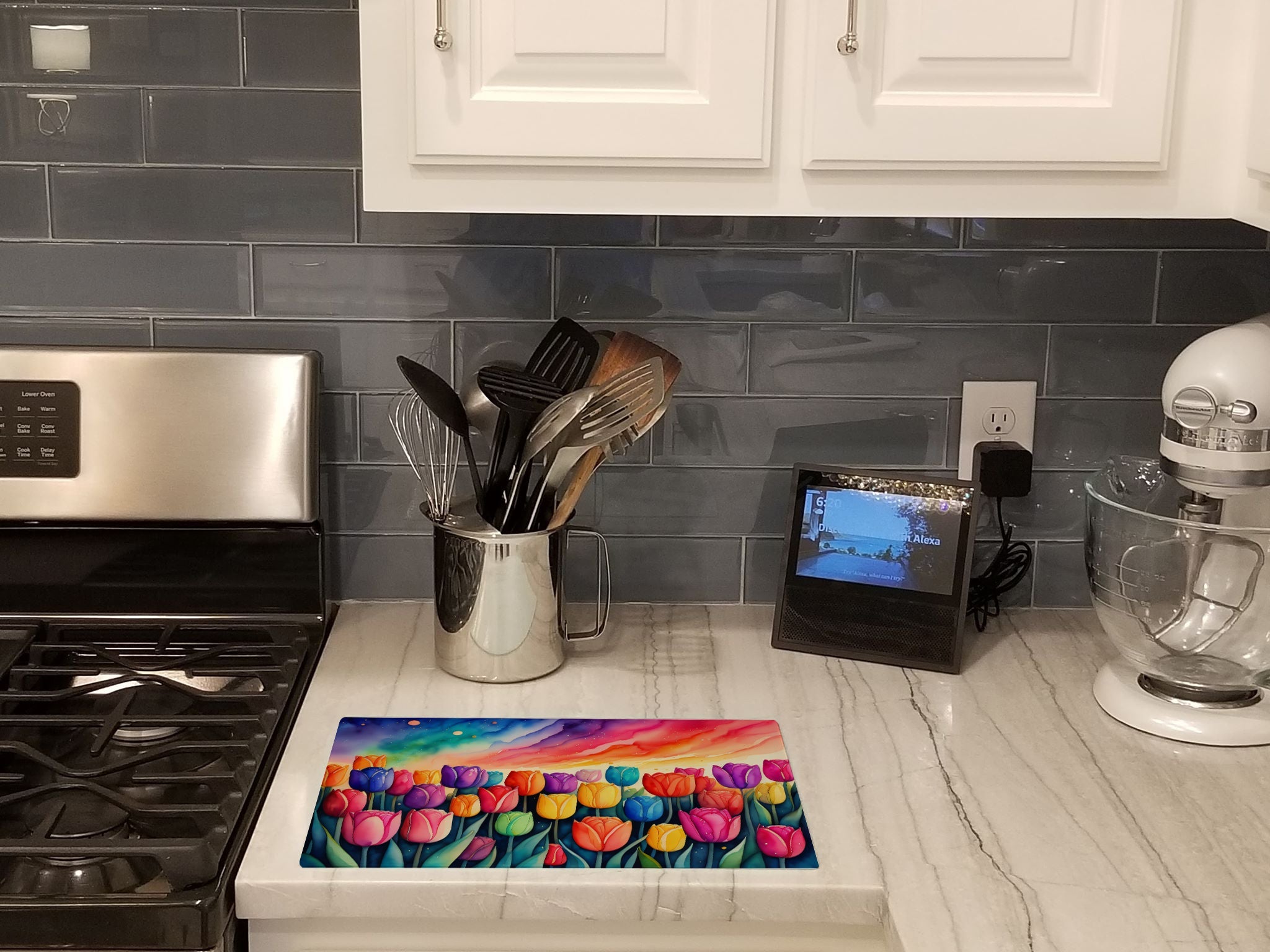 Tulips in Color Cutting Board Tempered Glass Kitchen Cutting Surface, Heat Resistant Chopping, Non-Slip Feet, Food Prep & Serving