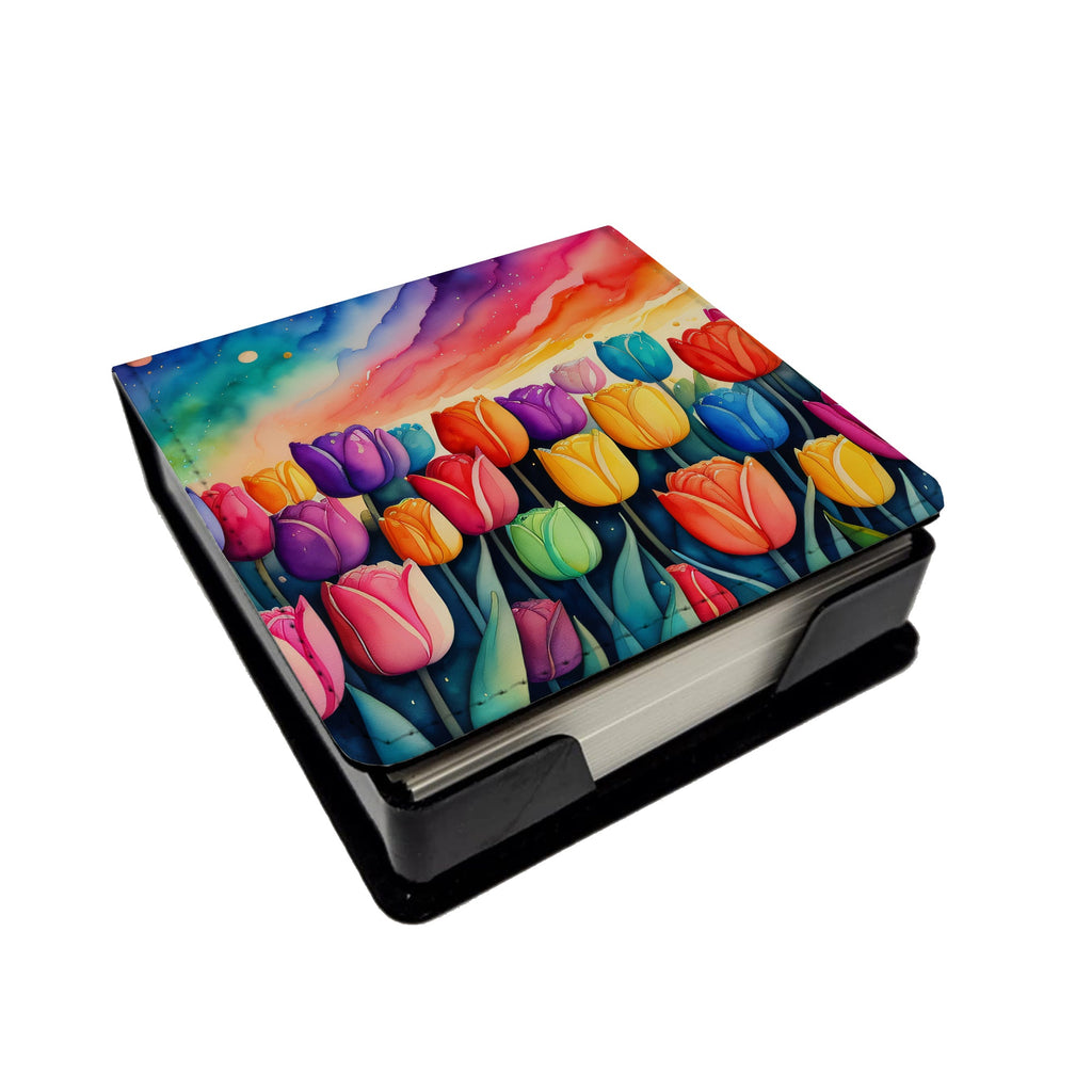 Tulips in Color PU Leather Note Paper Holder with Artist-Designed Cover, Desk Accessory, Office Gift