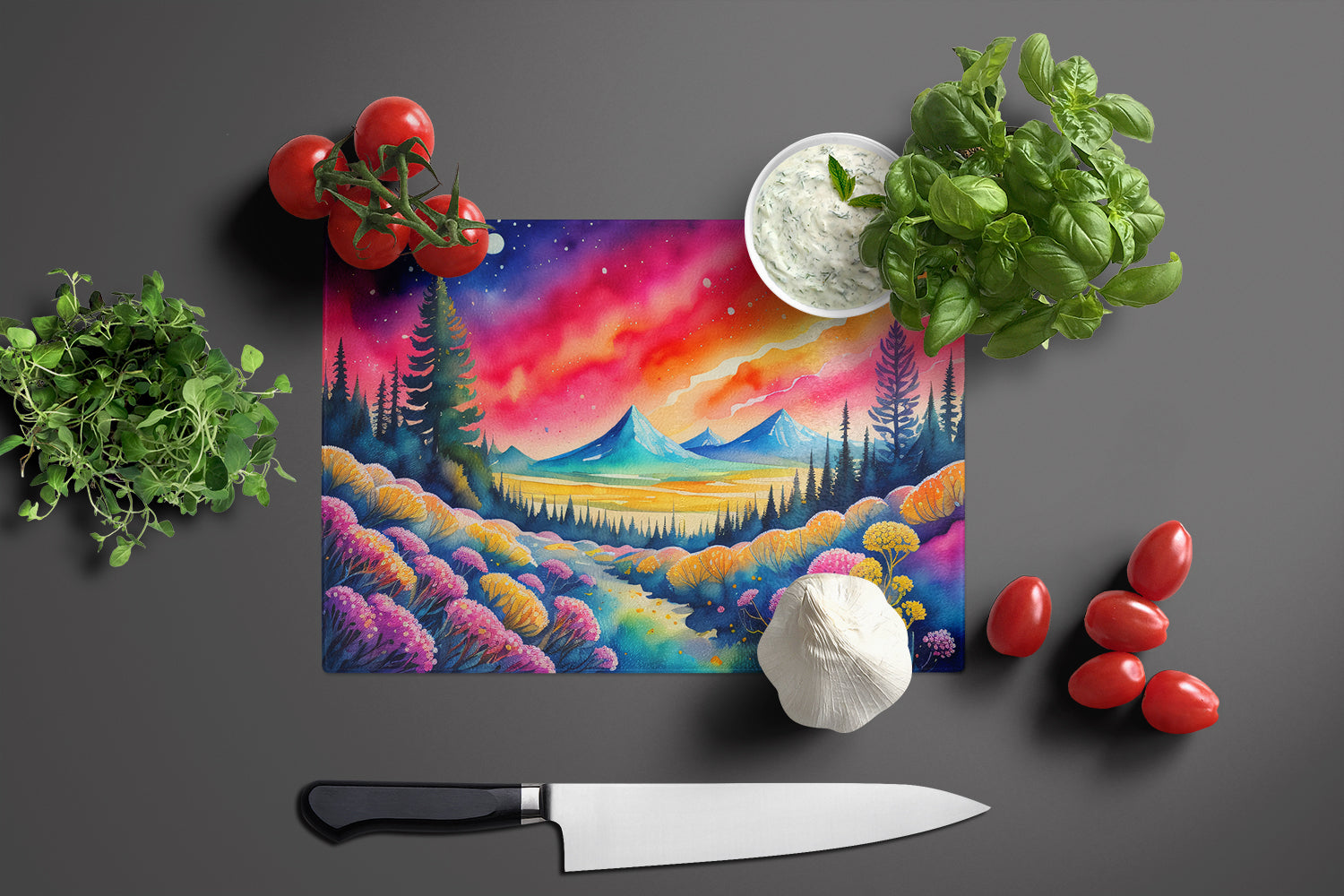 Yarrow in Color Cutting Board Tempered Glass Kitchen Cutting Surface, Heat Resistant Chopping, Non-Slip Feet, Food Prep & Serving