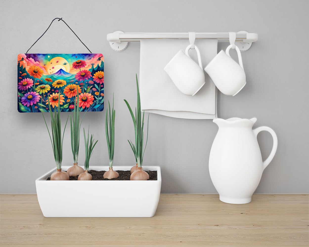 Zinnias in Color Wall or Door Hanging Prints Aluminum Metal Sign Kitchen Wall Bar Bathroom Plaque Home Decor, 8HX12W, Multicolor