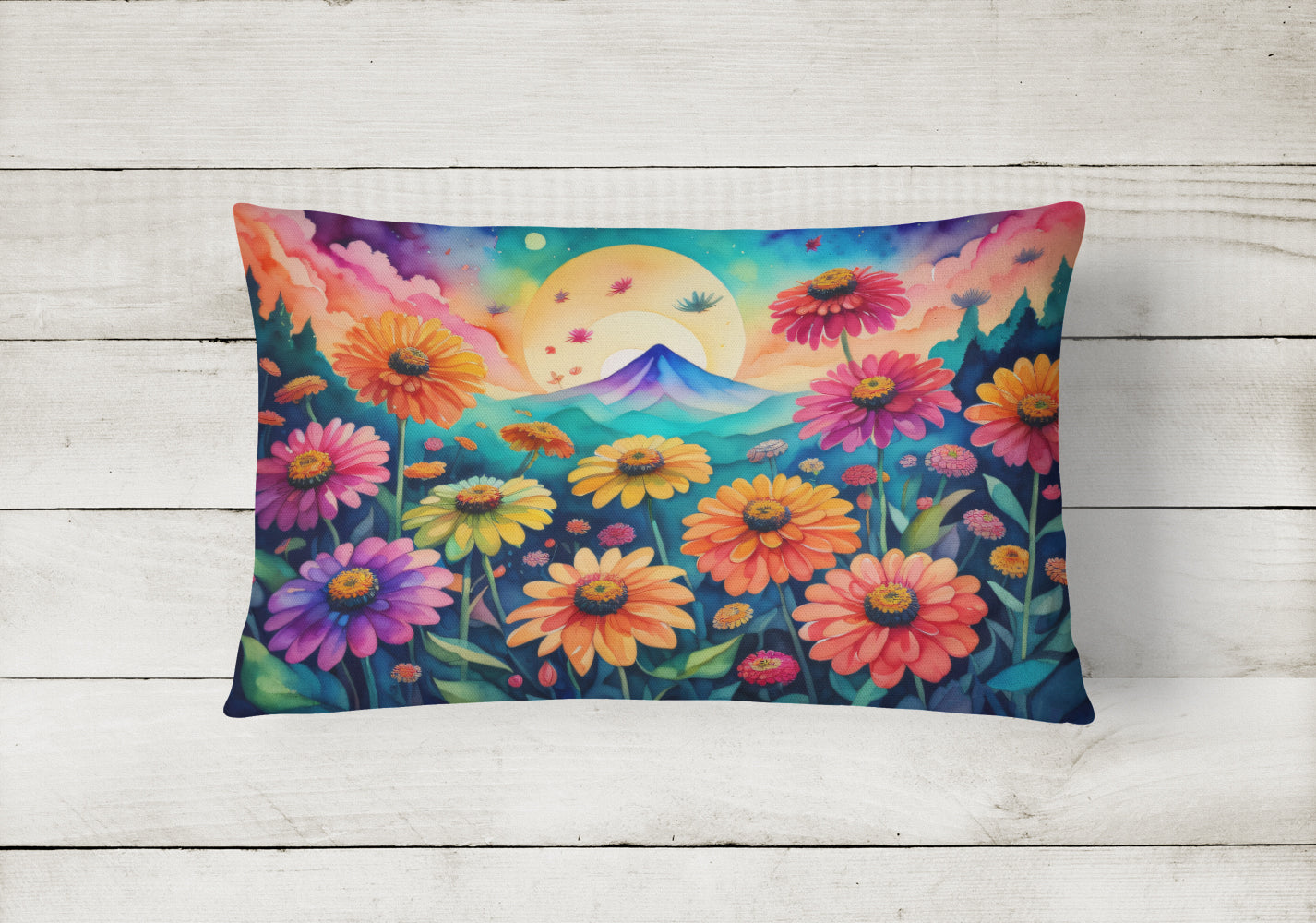 Zinnias in Color Decorative Throw Pillow 12x16 Indoor Outdoor Accent Cushion, Fabric Cover with Insert for Sofa, Bed, Porch & Living Room