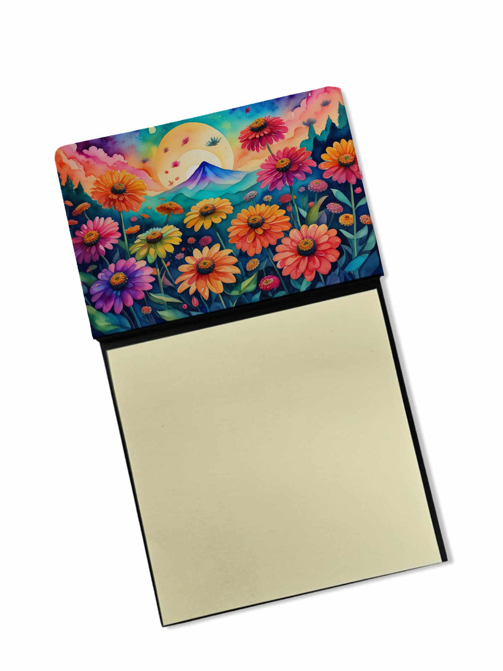 Zinnias in Color Watercolor Sticky Note Holder Refillable Dispenser Desk Accessory 3x3 Pad Gift