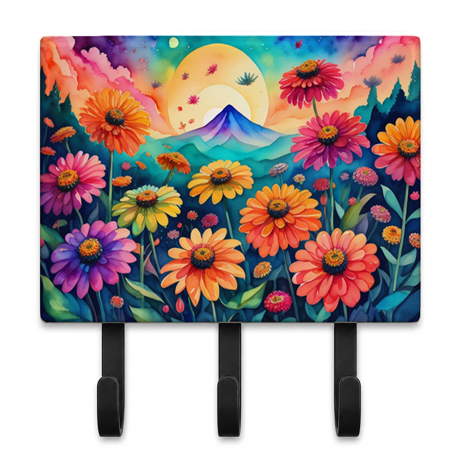 Zinnias in Color Leash or Key Holder Wall Hooks, Coat Rack Wall Mount, for Hanging Keys, Towels, Aprons, Leashes