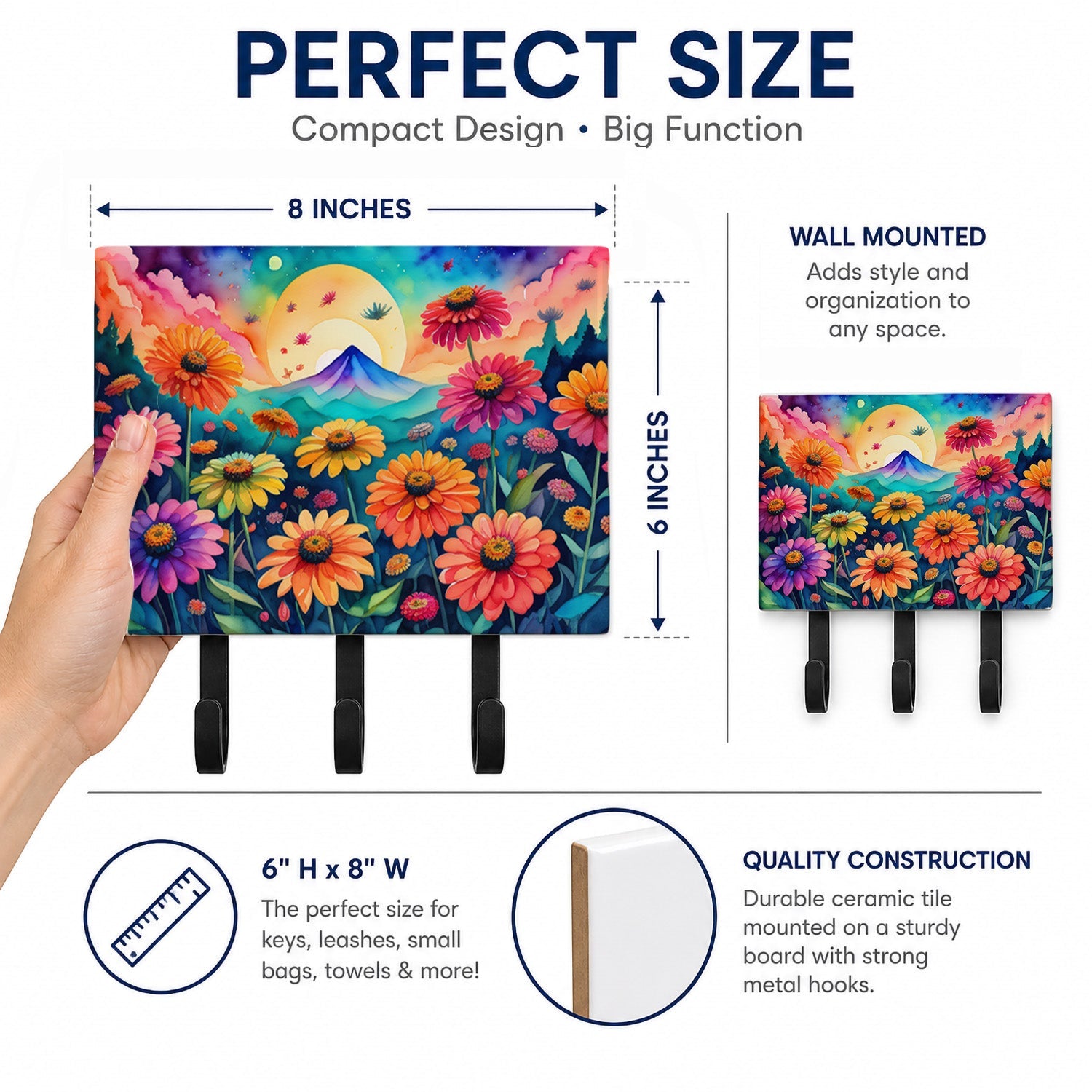 Zinnias in Color Leash or Key Holder Wall Hooks, Coat Rack Wall Mount, for Hanging Keys, Towels, Aprons, Leashes