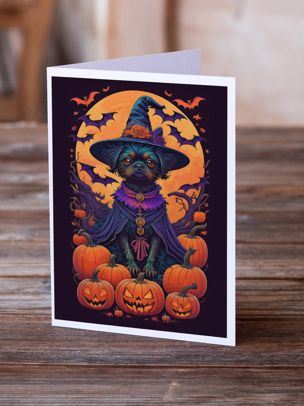 Affenpinscher Witchy Halloween Greeting Cards Pack of 8 Blank Cards with Envelopes Whimsical A7 Size 5x7