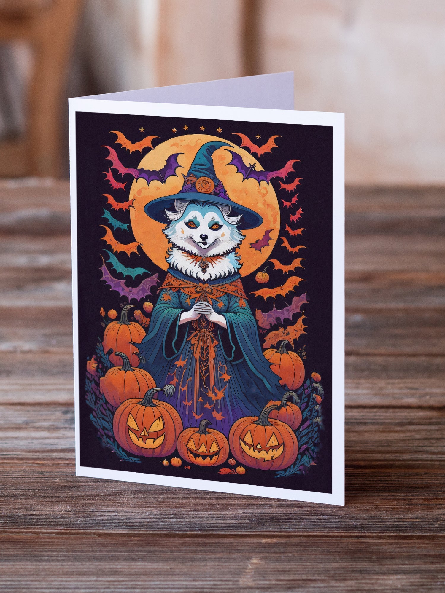 American Eskimo Witchy Halloween Greeting Cards Pack of 8 Blank Cards with Envelopes Whimsical A7 Size 5x7
