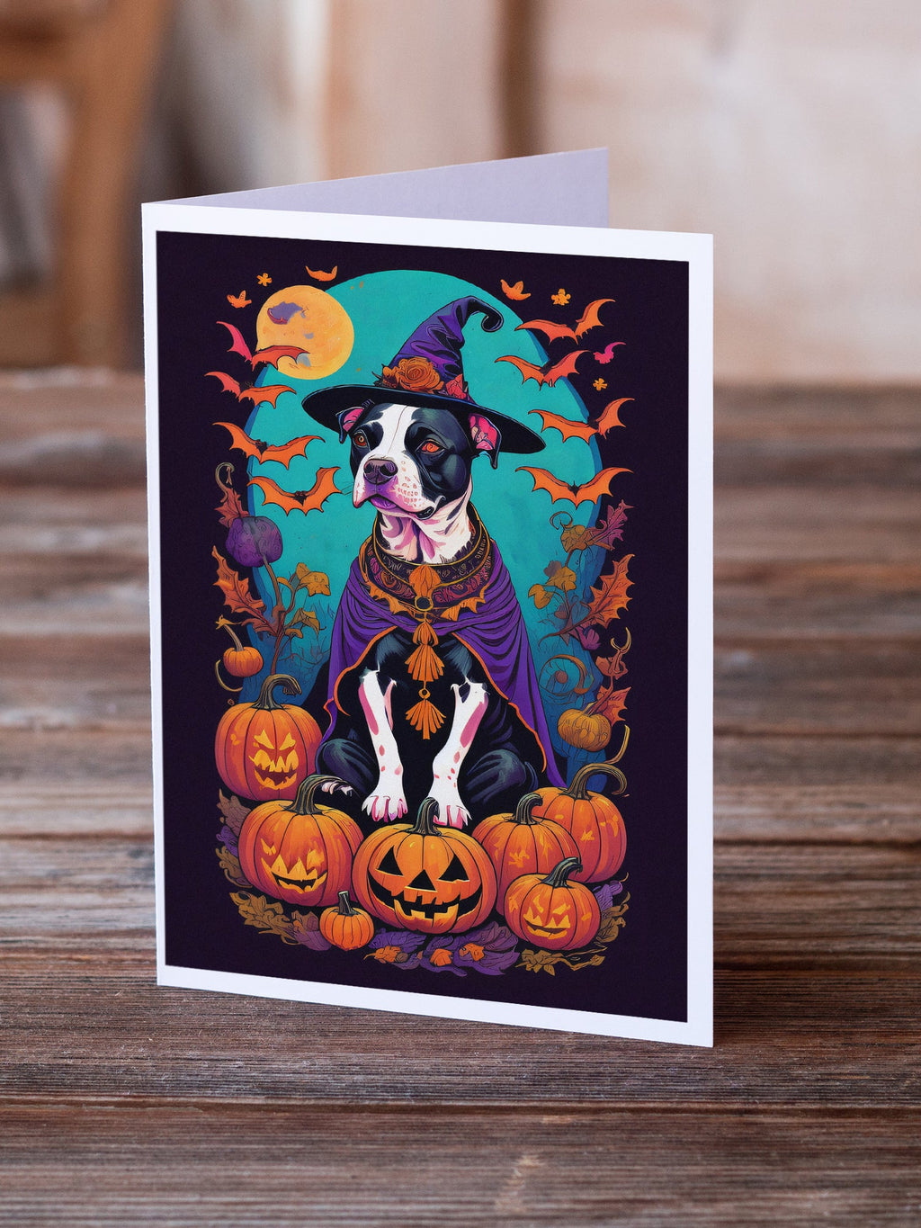 Pit Bull Terrier Witchy Halloween Greeting Cards Pack of 8 Blank Cards with Envelopes Whimsical A7 Size 5x7