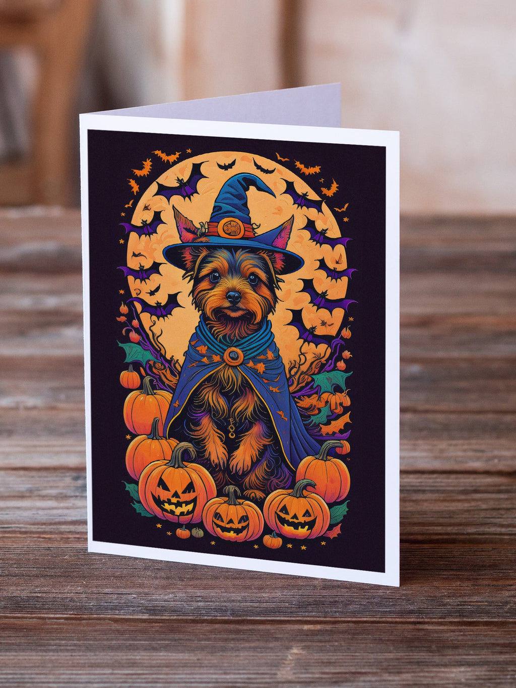 Australian Terrier Witchy Halloween Greeting Cards Pack of 8 Blank Cards with Envelopes Whimsical A7 Size 5x7