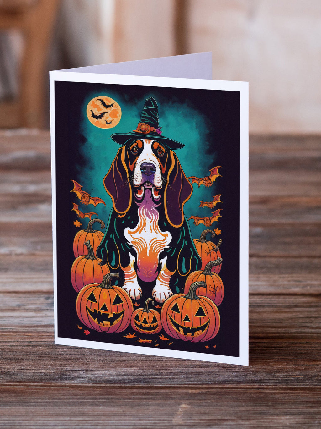 Basset Hound Witchy Halloween Greeting Cards Pack of 8 Blank Cards with Envelopes Whimsical A7 Size 5x7