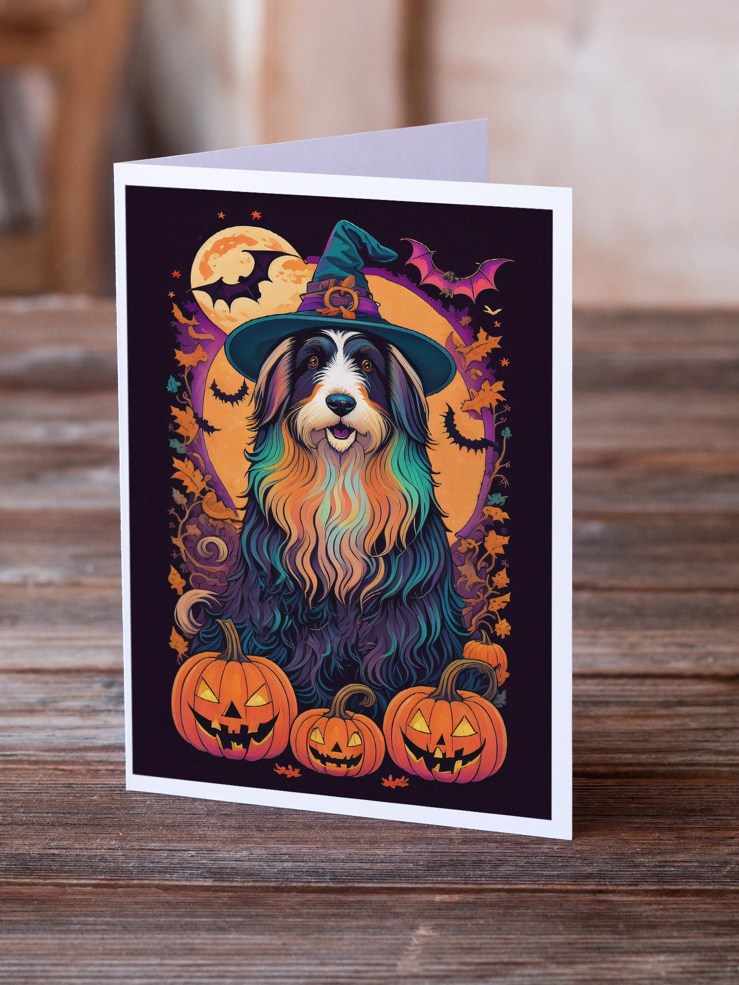Bearded Collie Witchy Halloween Greeting Cards Pack of 8 Blank Cards with Envelopes Whimsical A7 Size 5x7