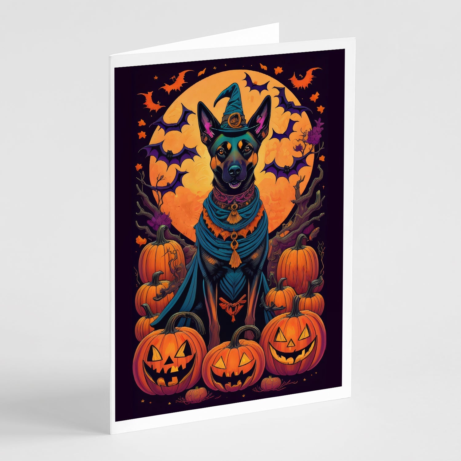 Belgian Malinois Witchy Halloween Greeting Cards Pack of 8 Blank Cards with Envelopes Whimsical A7 Size 5x7