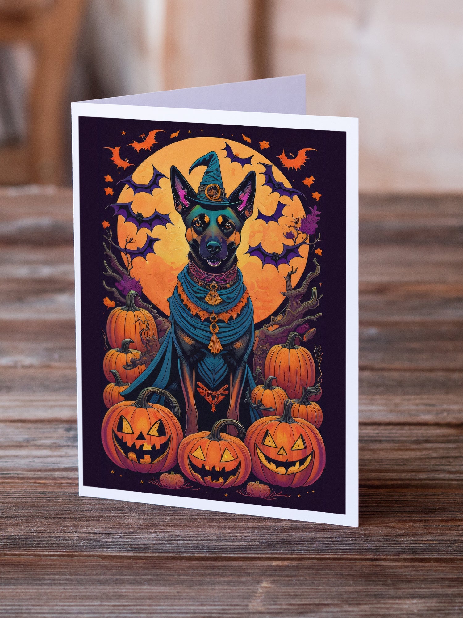 Belgian Malinois Witchy Halloween Greeting Cards Pack of 8 Blank Cards with Envelopes Whimsical A7 Size 5x7