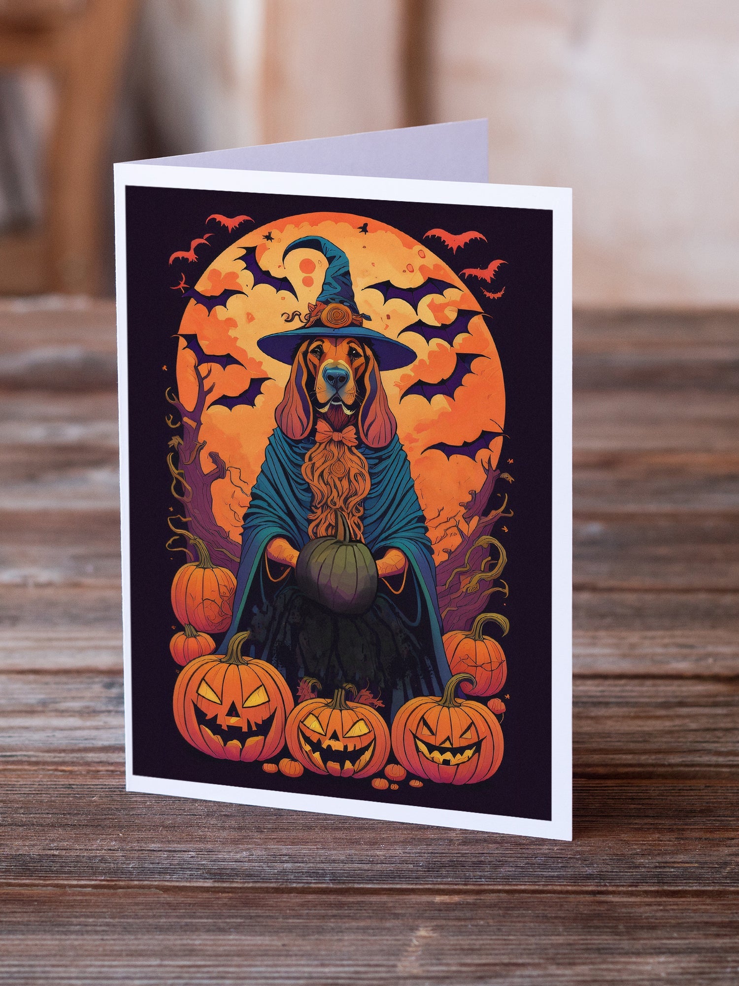 Bloodhound Witchy Halloween Greeting Cards Pack of 8 Blank Cards with Envelopes Whimsical A7 Size 5x7
