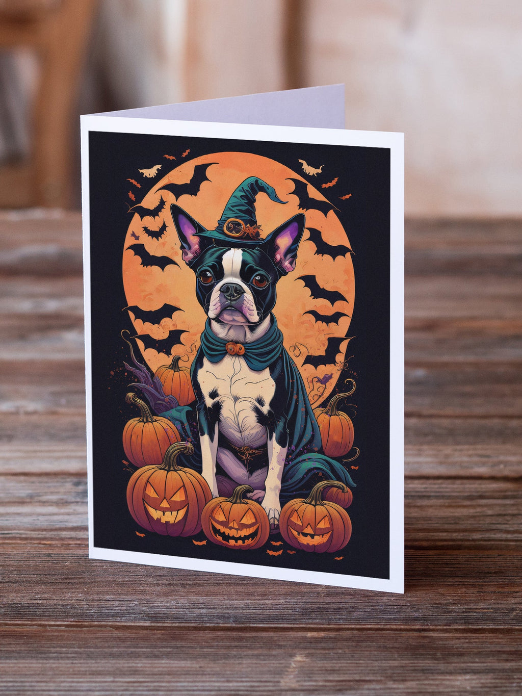 Boston Terrier Witchy Halloween Greeting Cards Pack of 8 Blank Cards with Envelopes Whimsical A7 Size 5x7