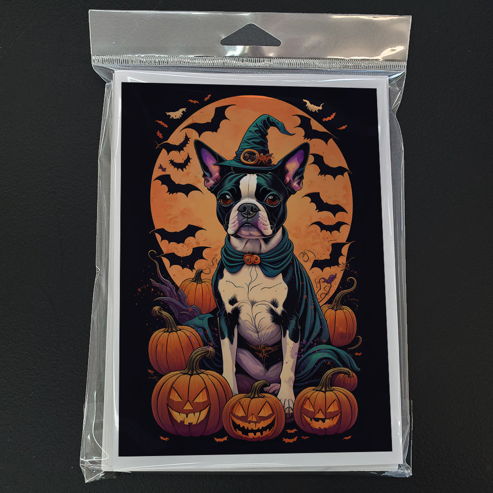 Boston Terrier Witchy Halloween Greeting Cards Pack of 8 Blank Cards with Envelopes Whimsical A7 Size 5x7