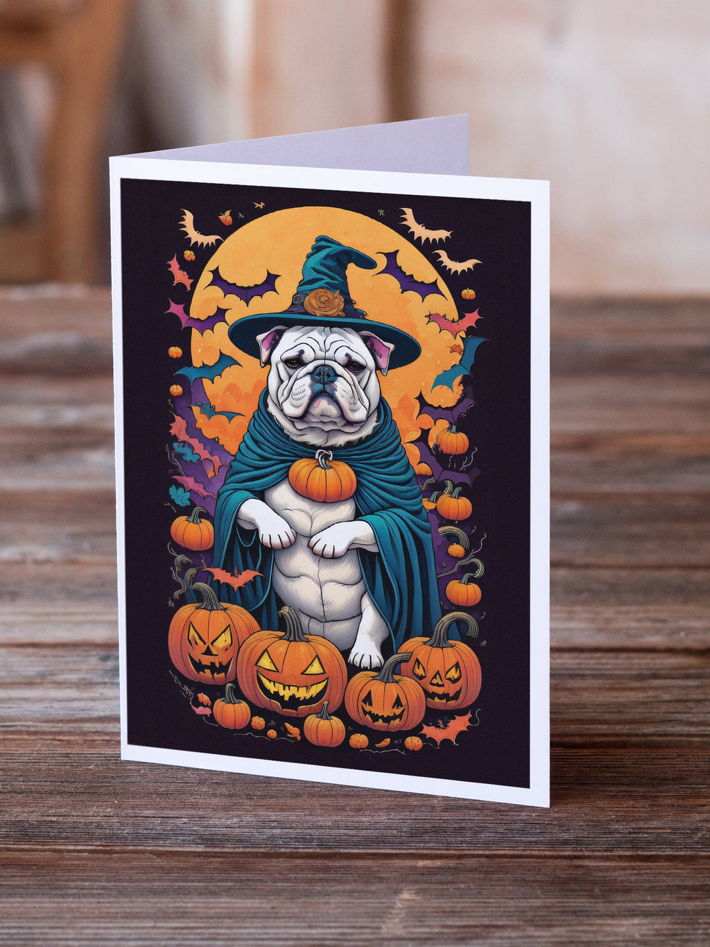White English Bulldog Witchy Halloween Greeting Cards Pack of 8 Blank Cards with Envelopes Whimsical A7 Size 5x7