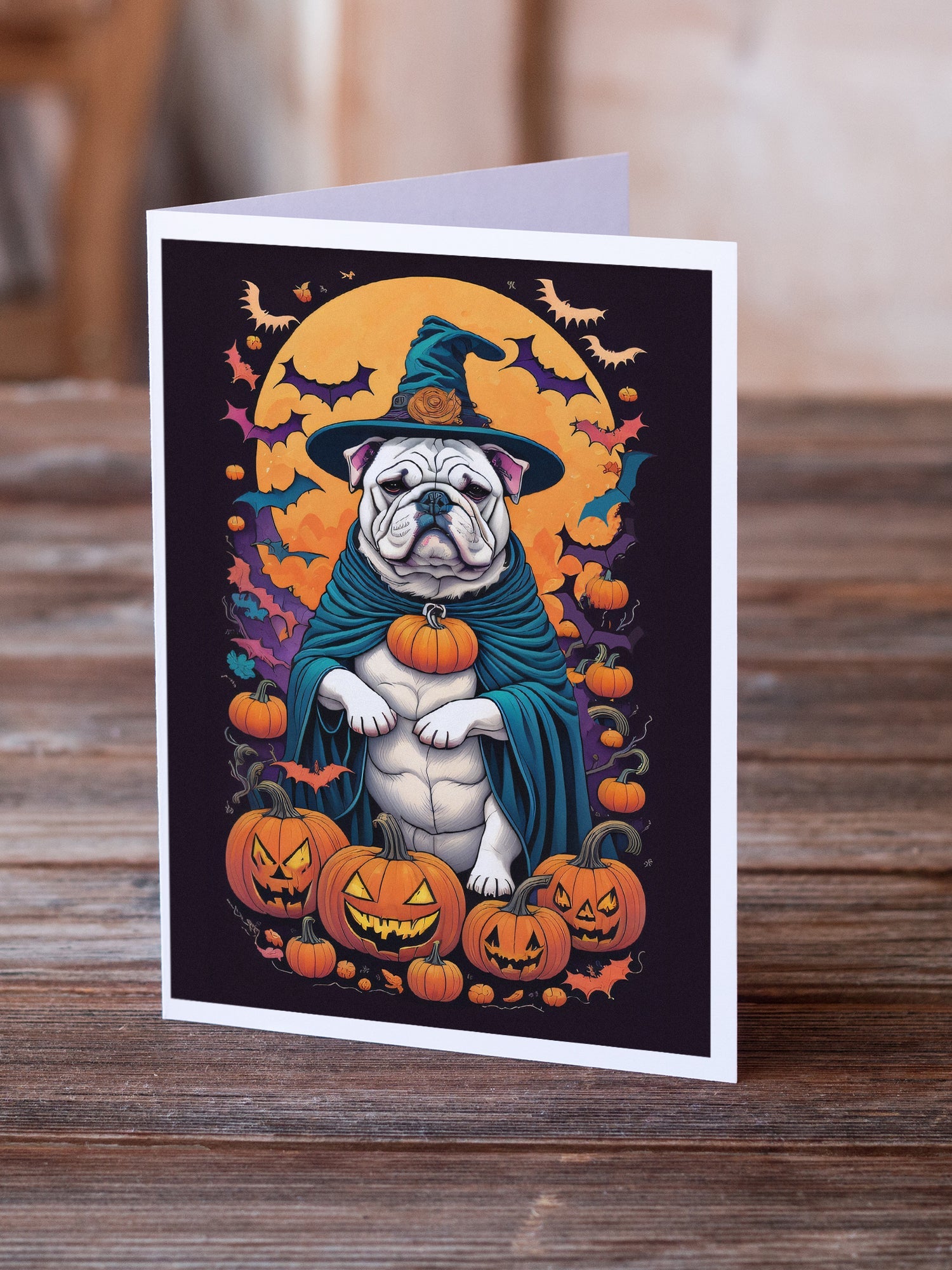 White English Bulldog Witchy Halloween Greeting Cards Pack of 8 Blank Cards with Envelopes Whimsical A7 Size 5x7