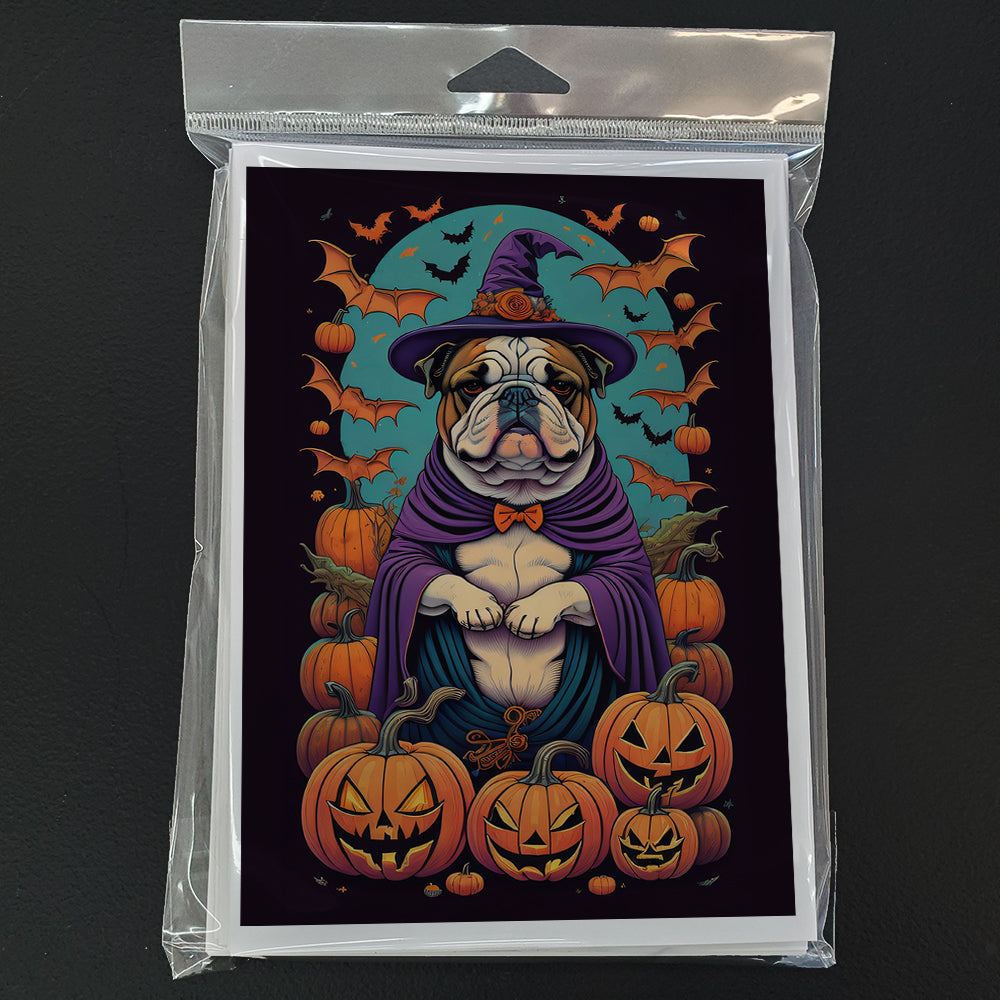 English Bulldog Witchy Halloween Greeting Cards Pack of 8 Blank Cards with Envelopes Whimsical A7 Size 5x7