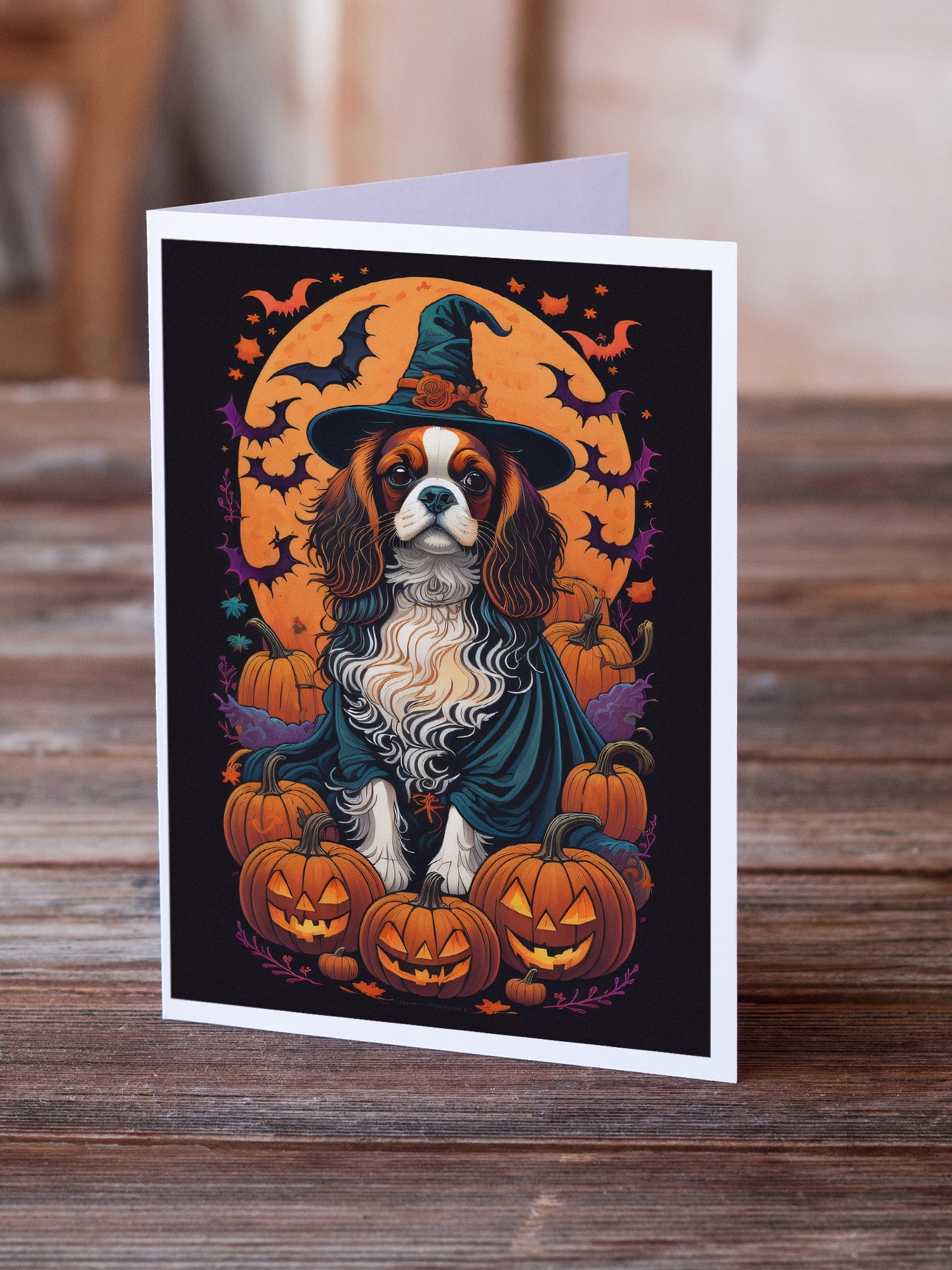 Cavalier Spaniel Witchy Halloween Greeting Cards Pack of 8 Blank Cards with Envelopes Whimsical A7 Size 5x7
