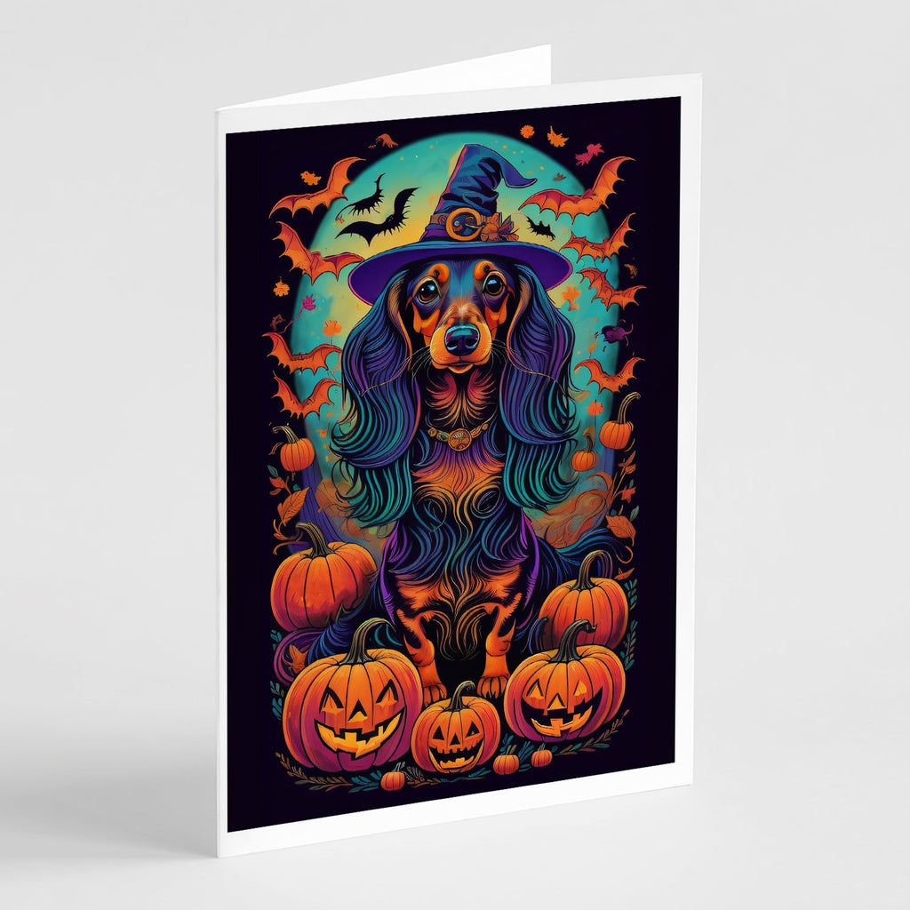 Longhair Black and Tan Dachshund Witchy Halloween Greeting Cards Pack of 8 Blank Cards with Envelopes Whimsical A7 Size 5x7