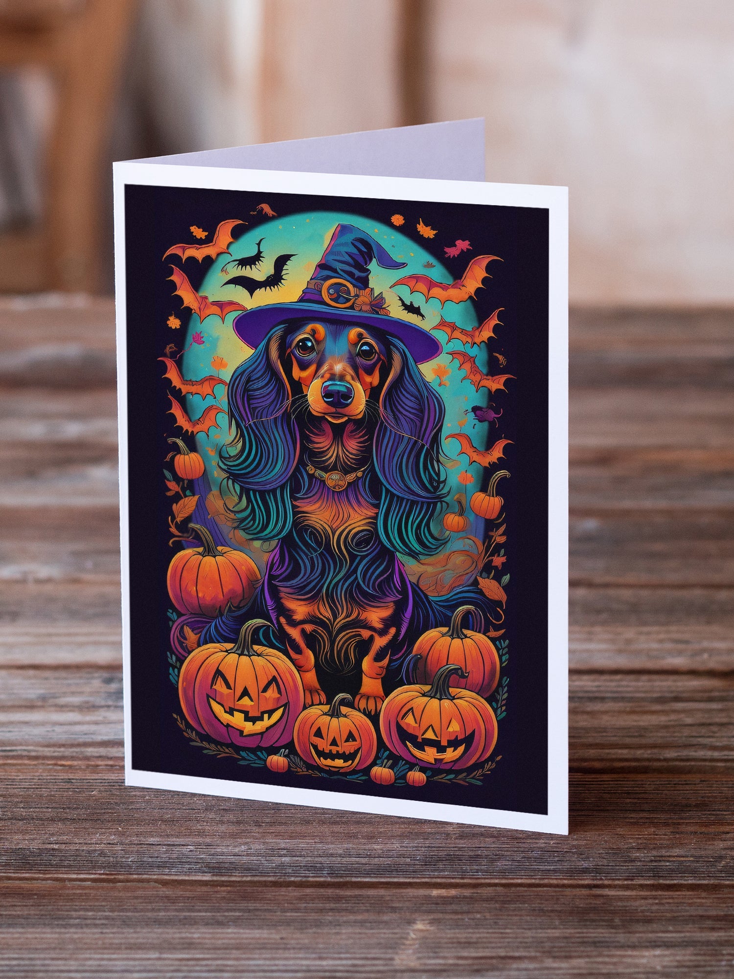 Longhair Black and Tan Dachshund Witchy Halloween Greeting Cards Pack of 8 Blank Cards with Envelopes Whimsical A7 Size 5x7