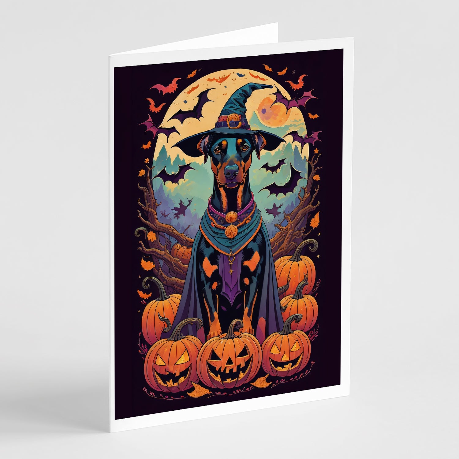 Doberman Pinscher Witchy Halloween Greeting Cards Pack of 8 Blank Cards with Envelopes Whimsical A7 Size 5x7