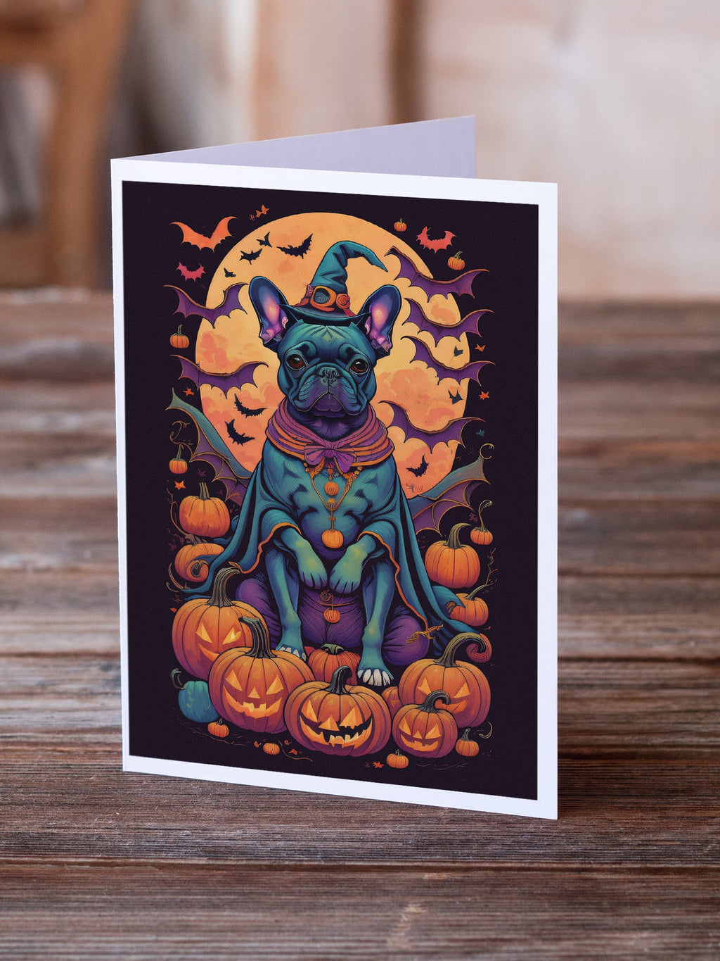 Black French Bulldog Witchy Halloween Greeting Cards Pack of 8 Blank Cards with Envelopes Whimsical A7 Size 5x7