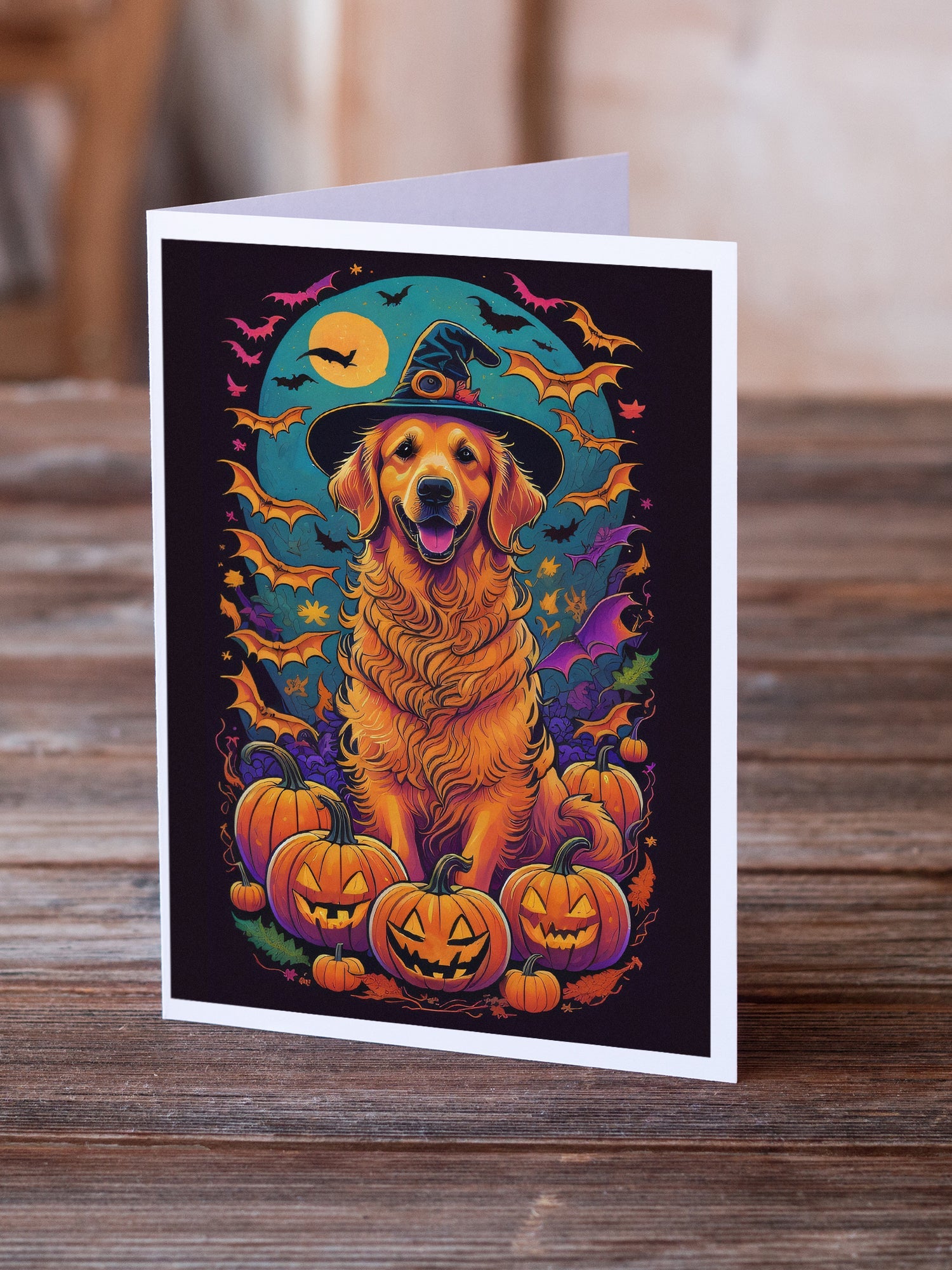 Golden Retriever Witchy Halloween Greeting Cards Pack of 8 Blank Cards with Envelopes Whimsical A7 Size 5x7