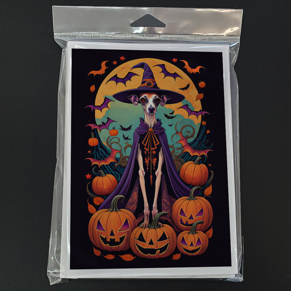 Italian Greyhound Witchy Halloween Greeting Cards Pack of 8 Blank Cards with Envelopes Whimsical A7 Size 5x7