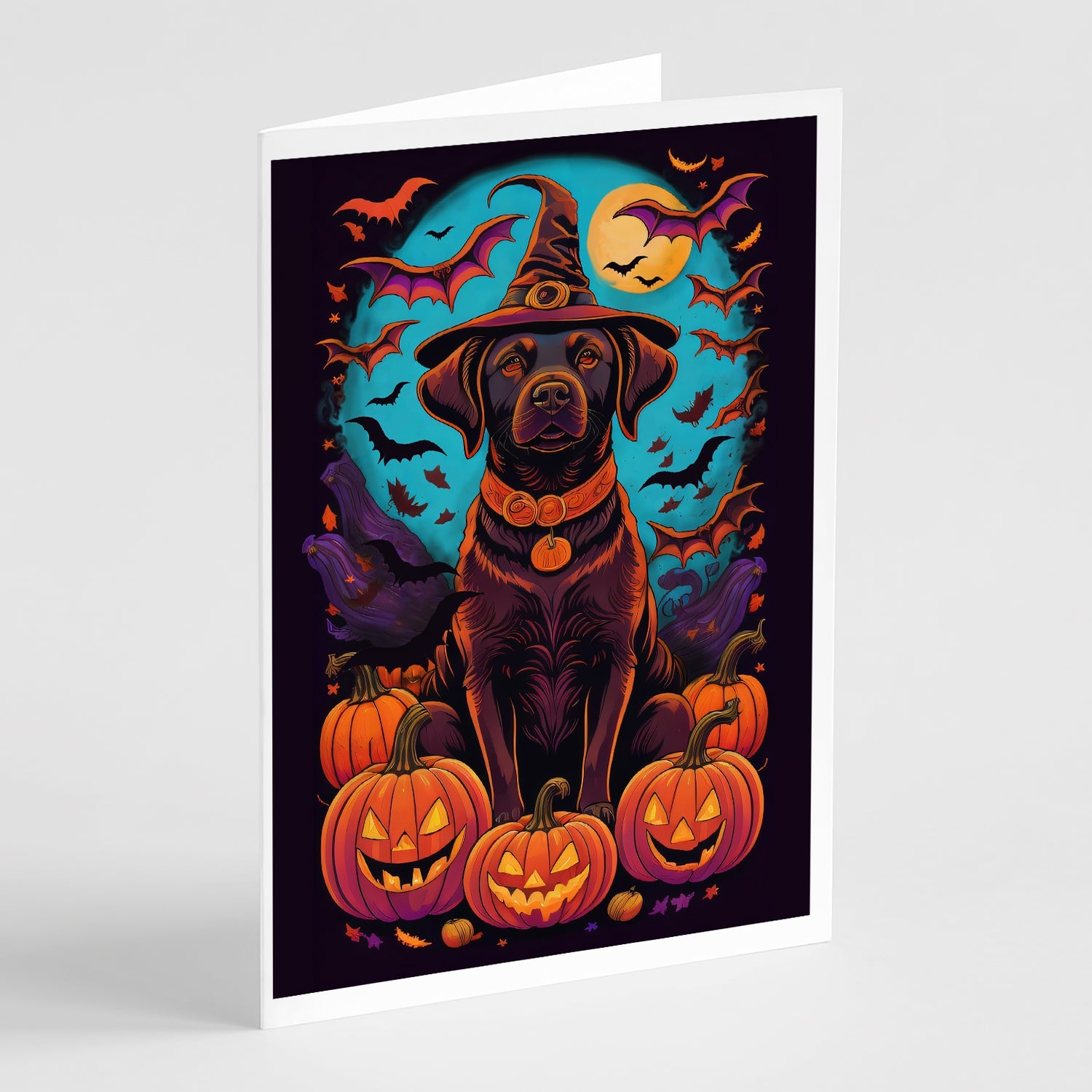 Chocolate Labrador Retriever Witchy Halloween Greeting Cards Pack of 8 Blank Cards with Envelopes Whimsical A7 Size 5x7