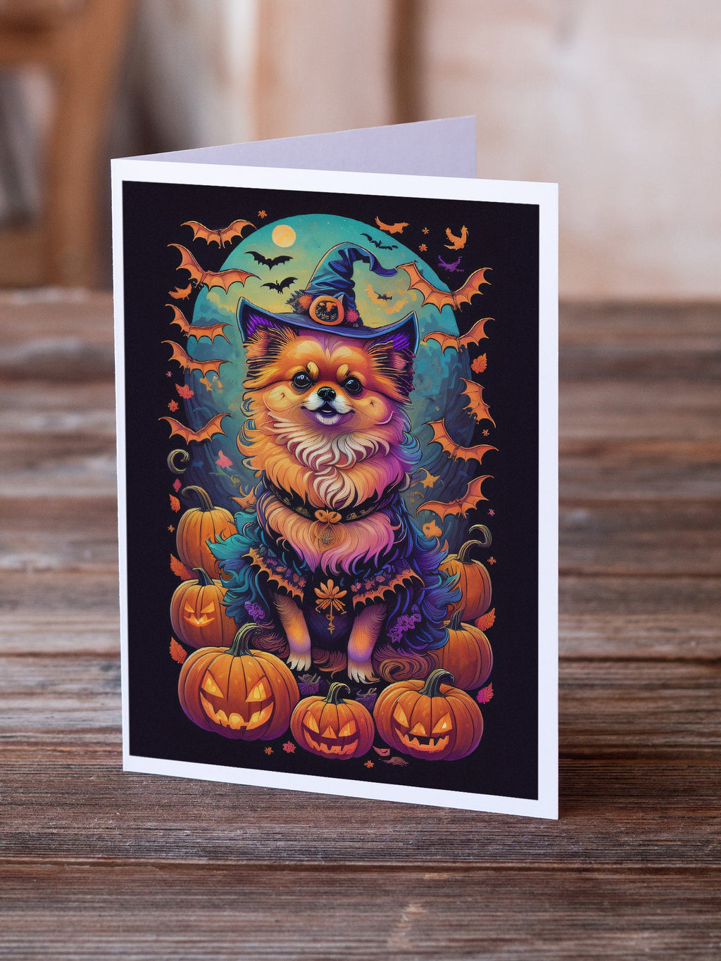 Pomeranian Witchy Halloween Greeting Cards Pack of 8 Blank Cards with Envelopes Whimsical A7 Size 5x7