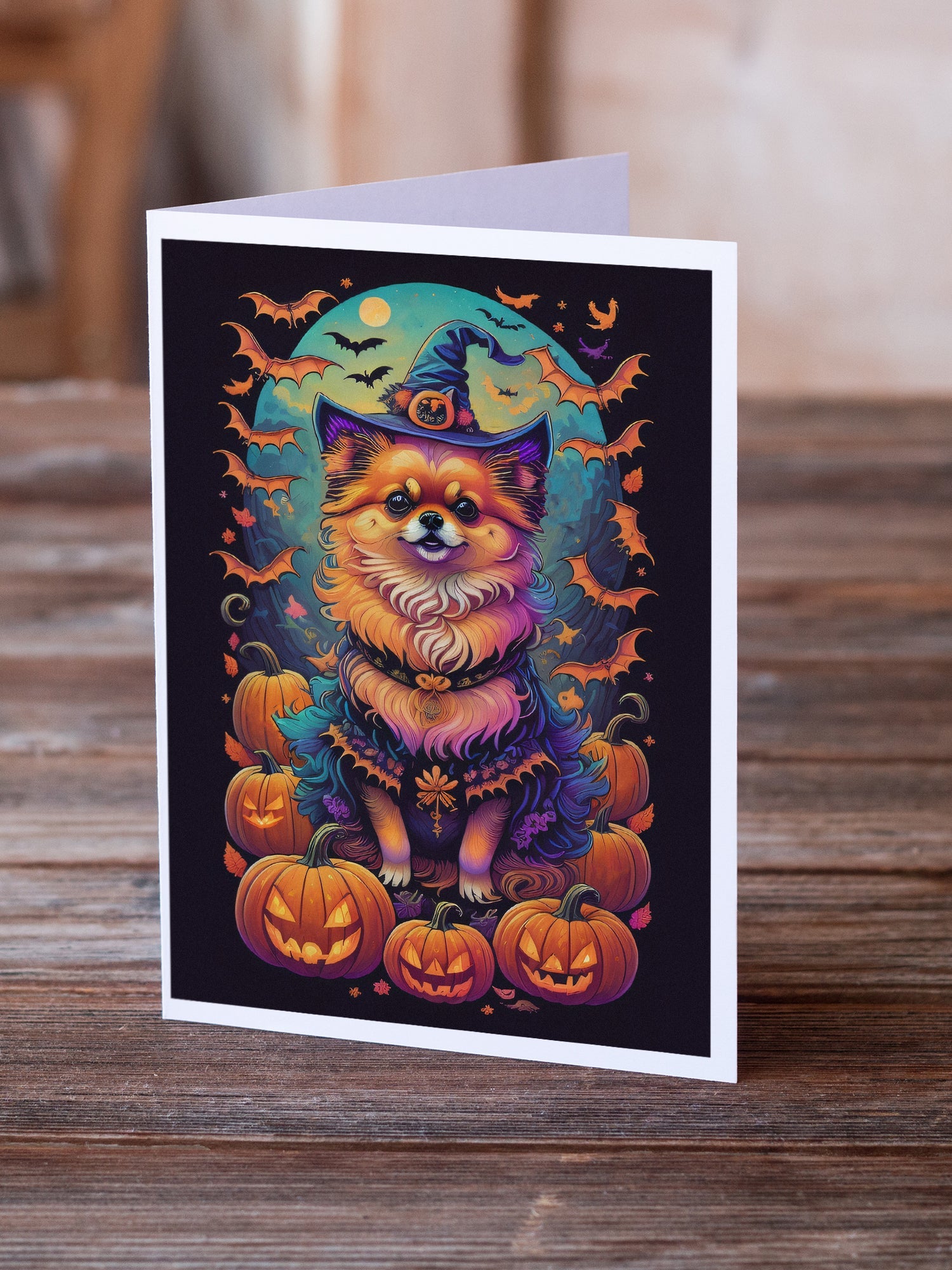 Pomeranian Witchy Halloween Greeting Cards Pack of 8 Blank Cards with Envelopes Whimsical A7 Size 5x7