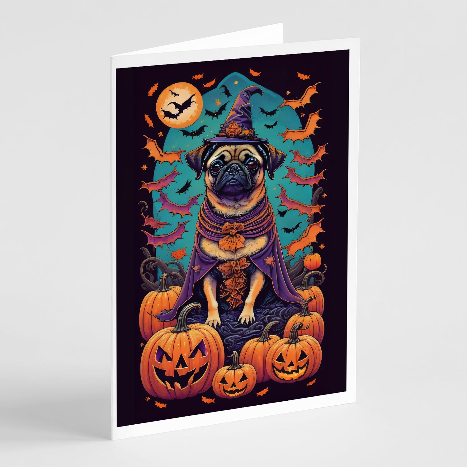 Pug Witchy Halloween Greeting Cards Pack of 8 Blank Cards with Envelopes Whimsical A7 Size 5x7