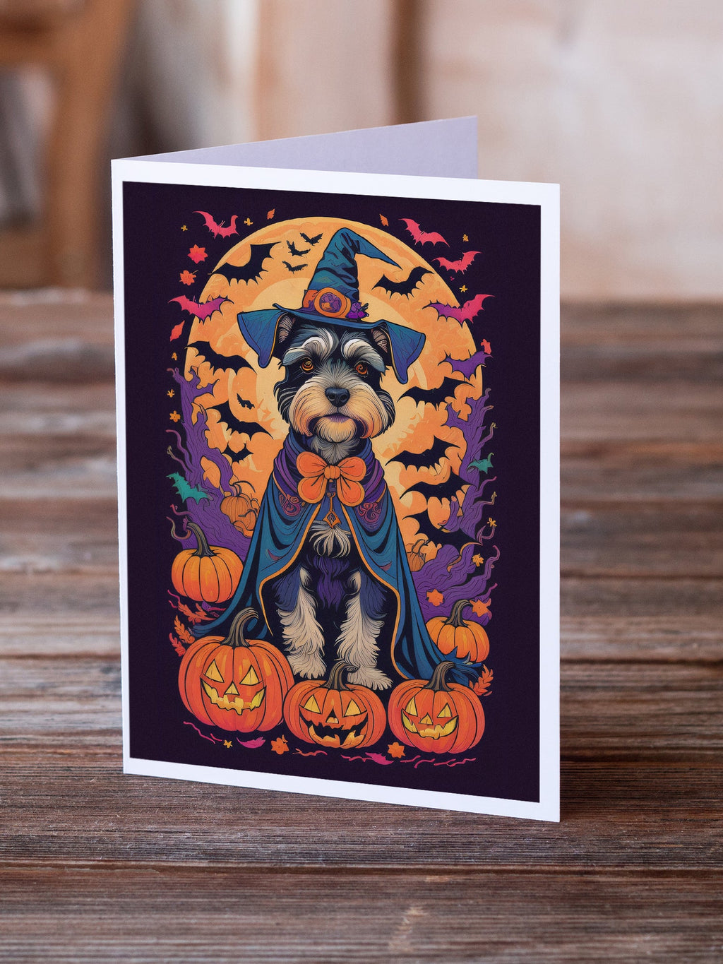 Schnauzer Witchy Halloween Greeting Cards Pack of 8 Blank Cards with Envelopes Whimsical A7 Size 5x7