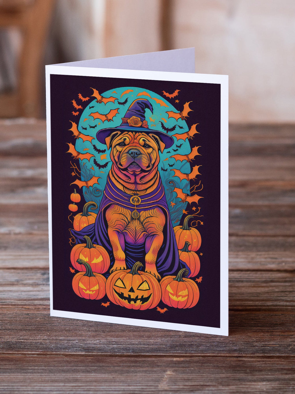 Shar Pei Witchy Halloween Greeting Cards Pack of 8 Blank Cards with Envelopes Whimsical A7 Size 5x7