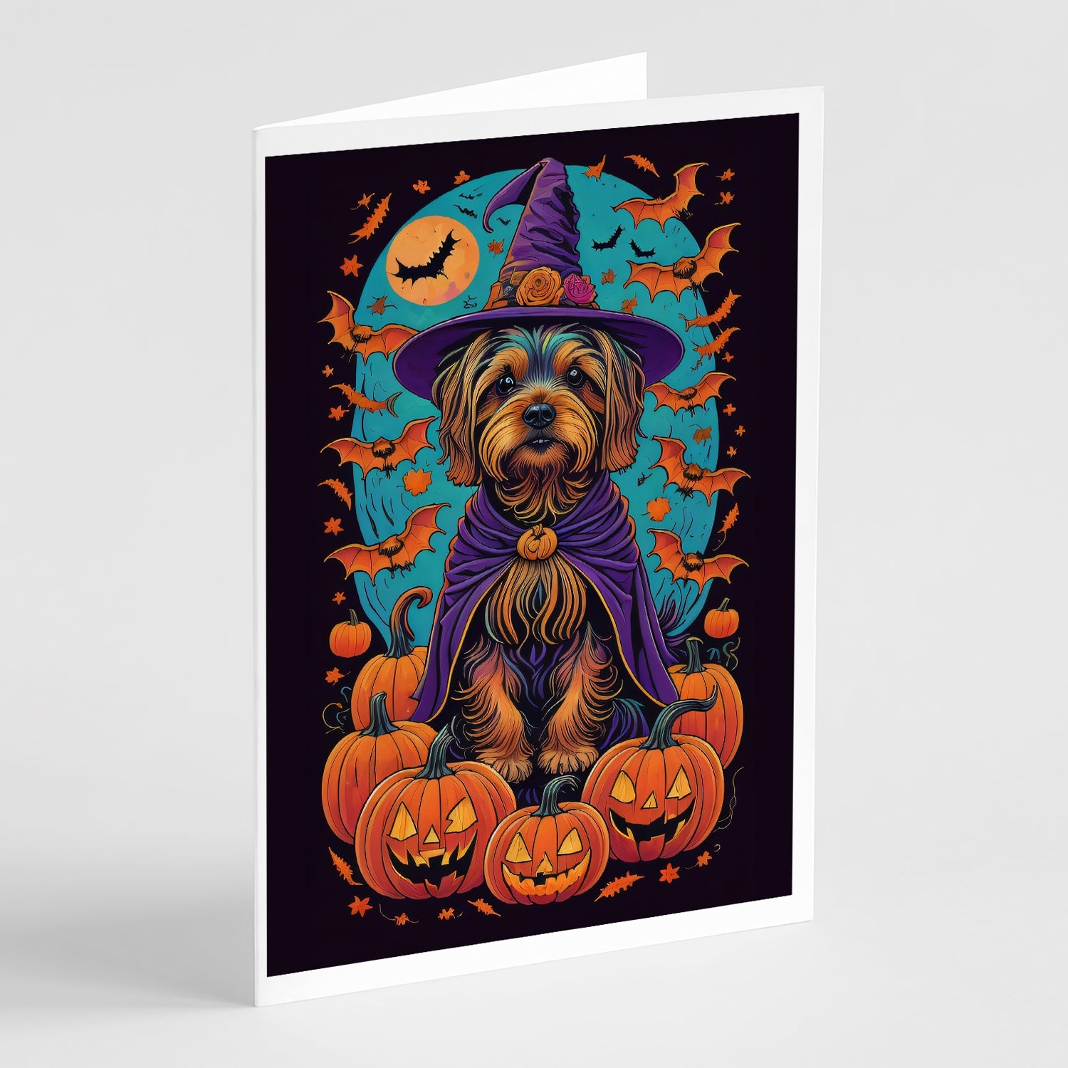 Silky Terrier Witchy Halloween Greeting Cards Pack of 8 Blank Cards with Envelopes Whimsical A7 Size 5x7