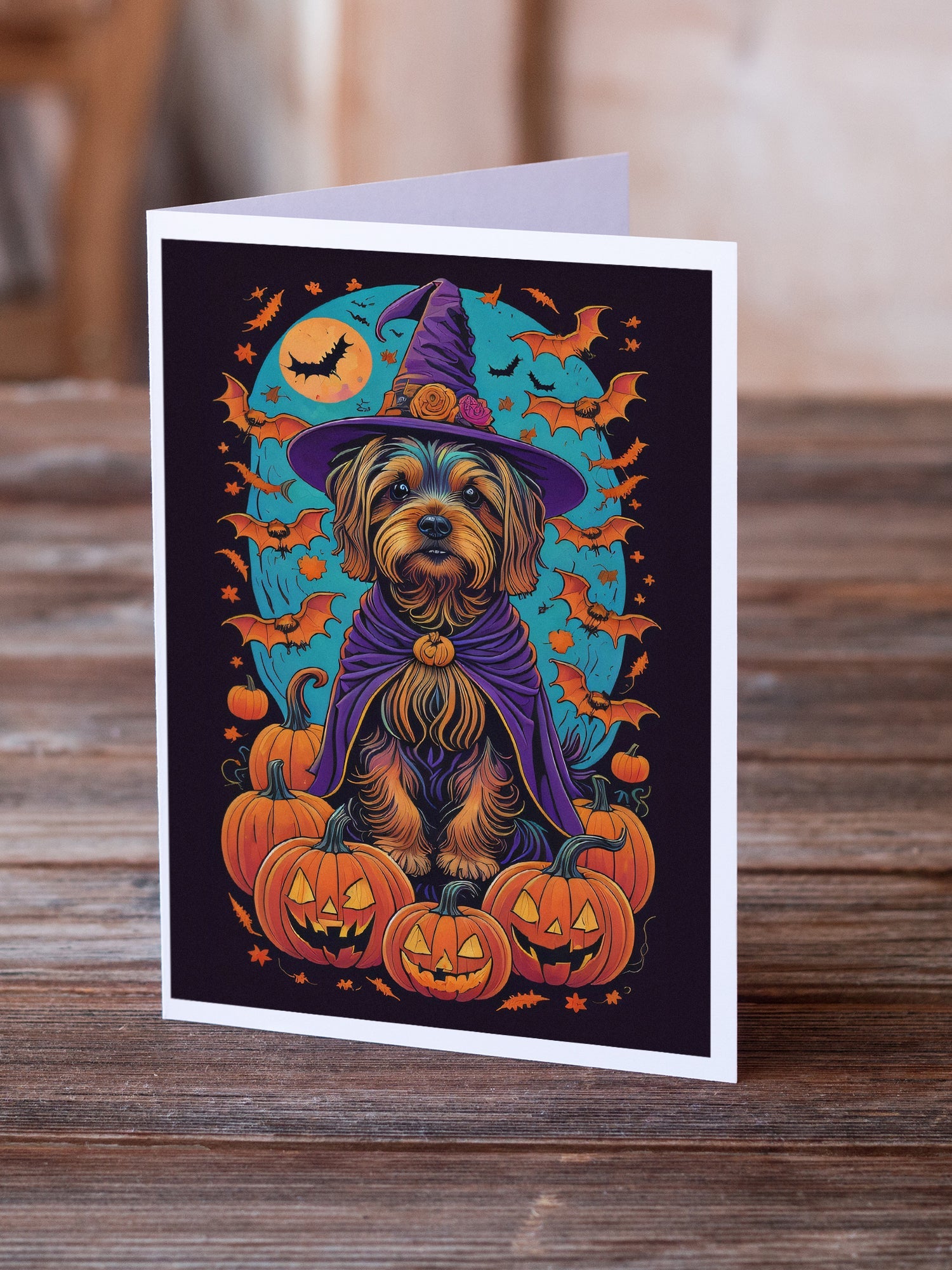 Silky Terrier Witchy Halloween Greeting Cards Pack of 8 Blank Cards with Envelopes Whimsical A7 Size 5x7