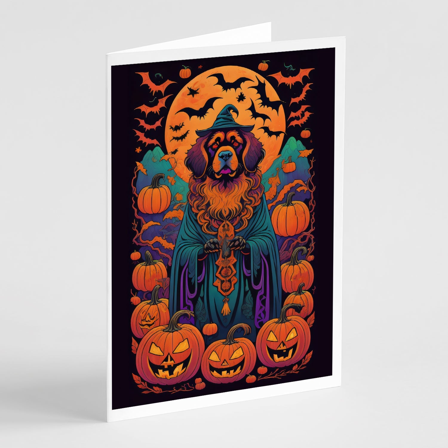 Tibetan Mastiff Witchy Halloween Greeting Cards Pack of 8 Blank Cards with Envelopes Whimsical A7 Size 5x7