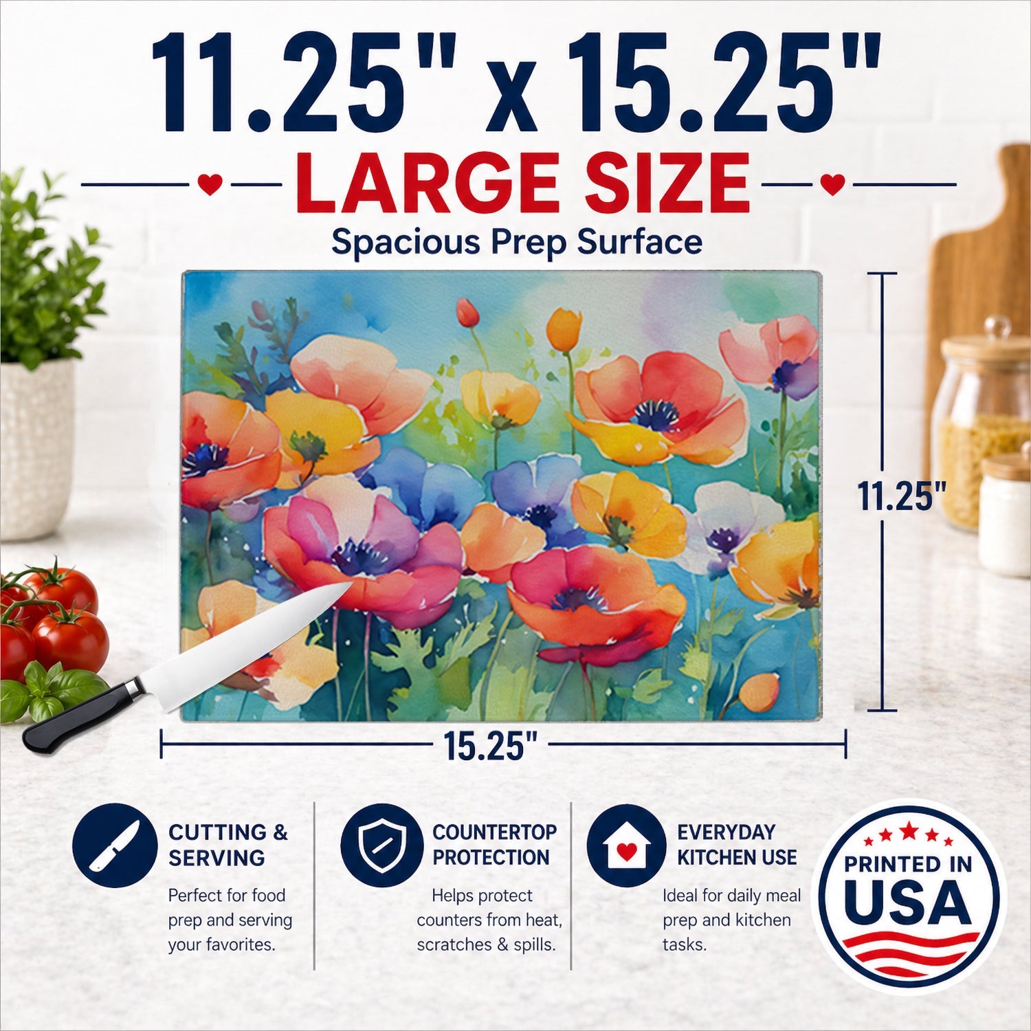 Anemones in Watercolor Cutting Board Tempered Glass Kitchen Cutting Surface, Heat Resistant Chopping, Non-Slip Feet, Food Prep & Serving