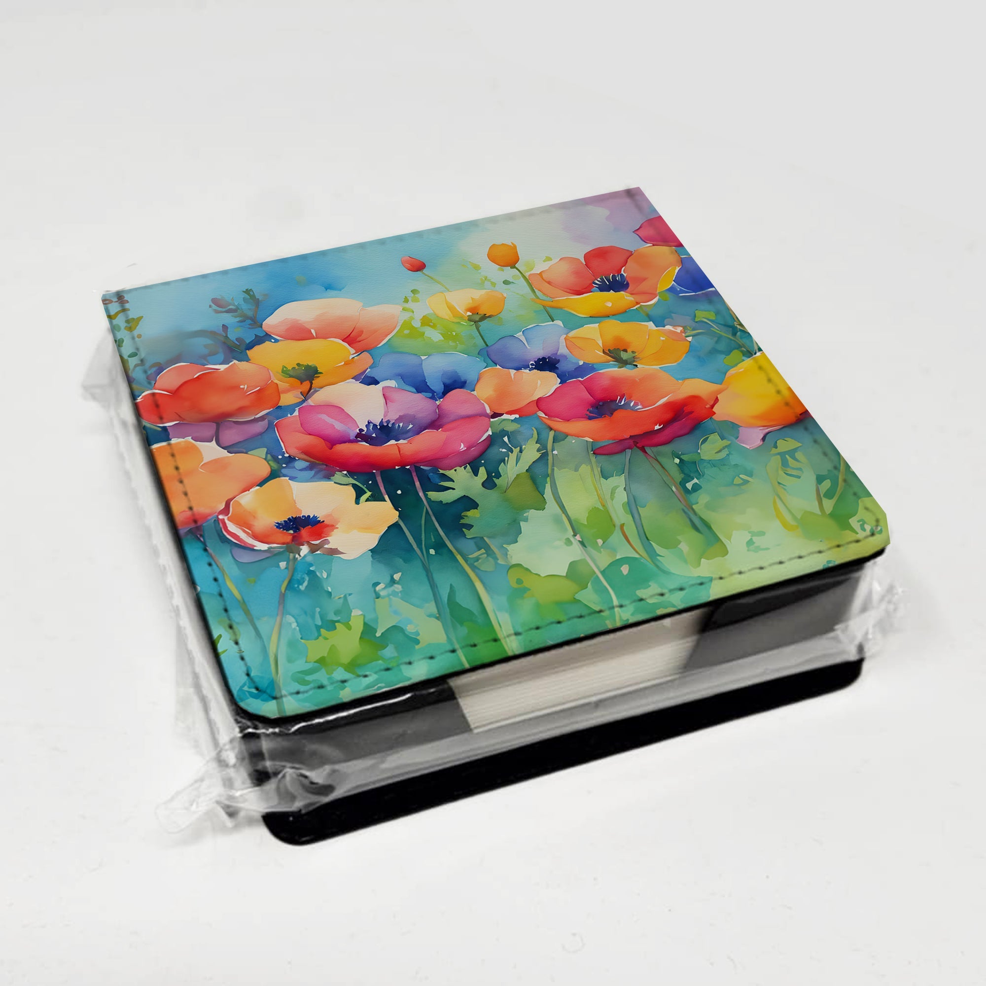 Anemones in Watercolor PU Leather Note Paper Holder with Artist-Designed Cover, Desk Accessory, Office Gift