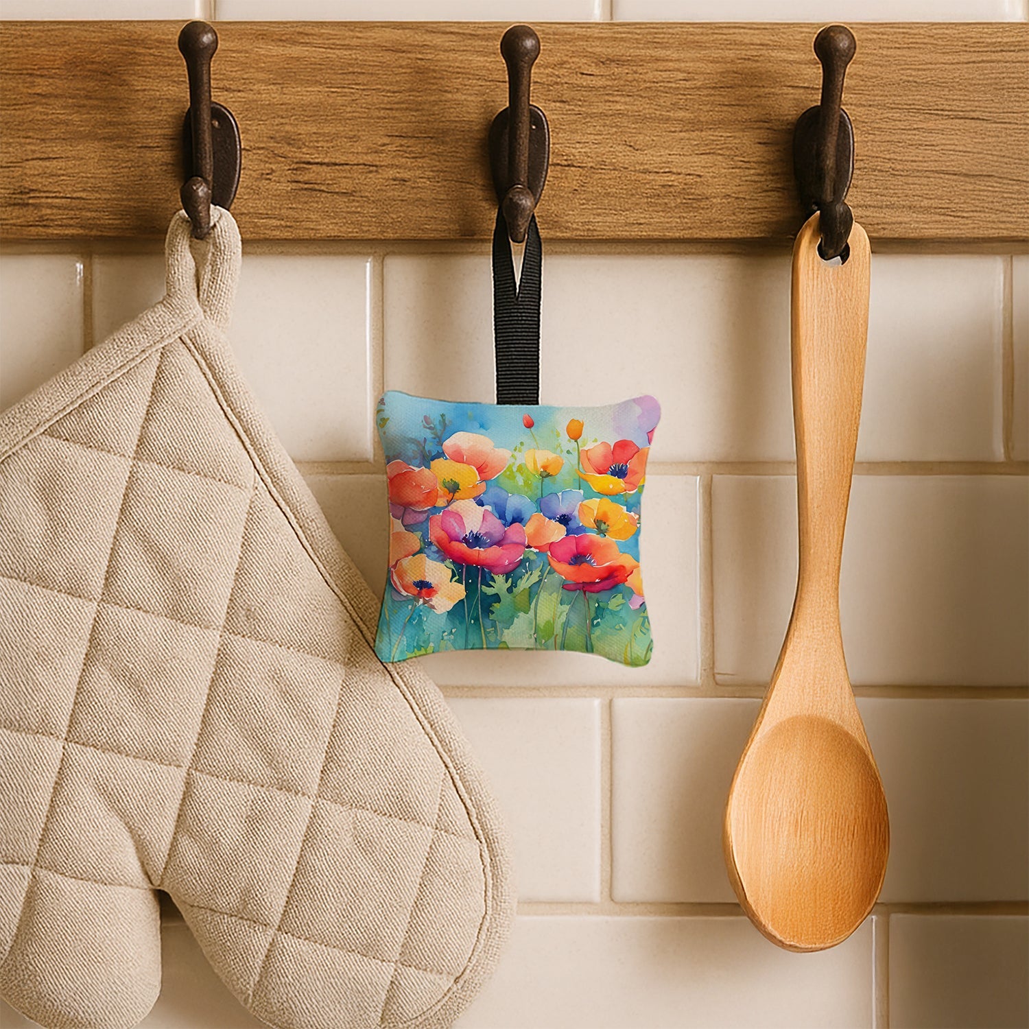 Anemones in Watercolor Hanging Square Fabric Ornament 3.5 × 3.5 Decorative Door-Knob & Tree Hanger, Soft Fabric