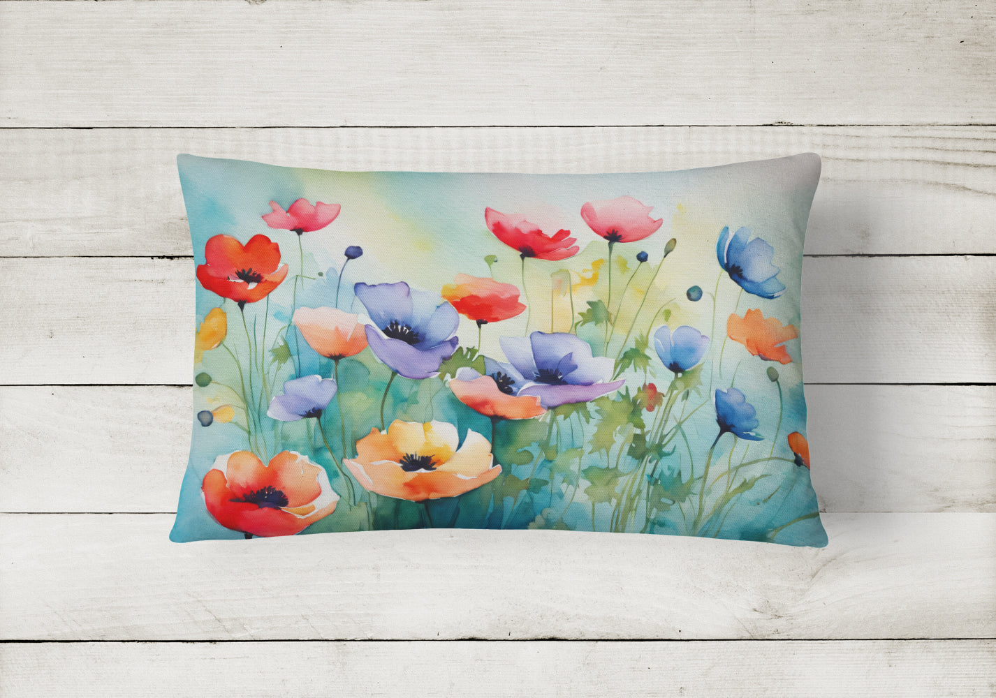 Anemones in Watercolor Decorative Throw Pillow 12x16 Indoor Outdoor Accent Cushion, Fabric Cover with Insert for Sofa, Bed, Porch & Living Room