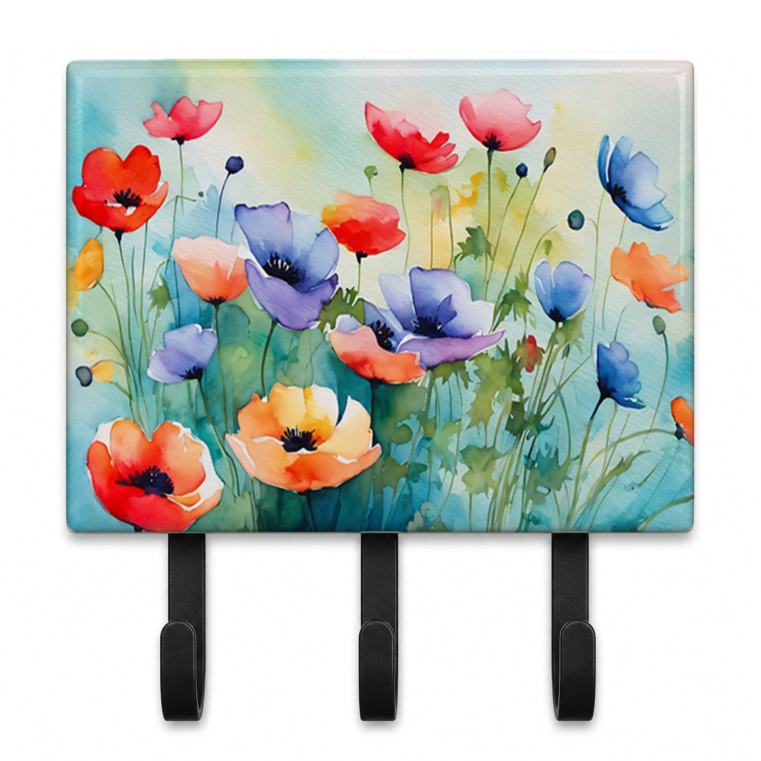 Anemones in Watercolor Leash or Key Holder Wall Hooks, Coat Rack Wall Mount, for Hanging Keys, Towels, Aprons, Leashes