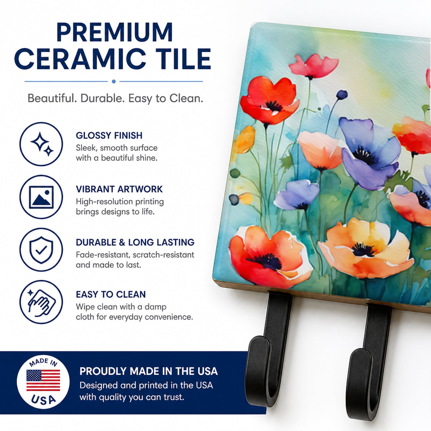 Anemones in Watercolor Leash or Key Holder Wall Hooks, Coat Rack Wall Mount, for Hanging Keys, Towels, Aprons, Leashes