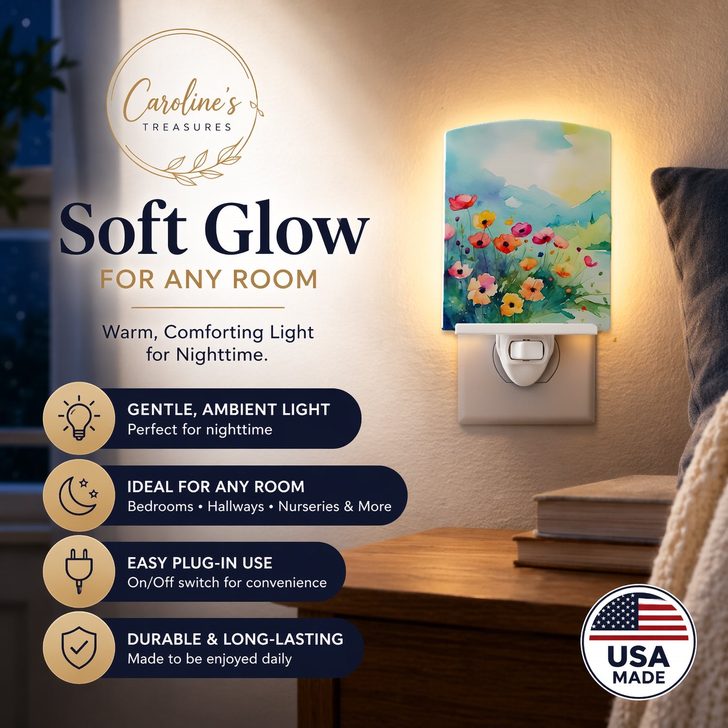 Anemones in Watercolor Ceramic Night Light Compact, UL-Certified, Ideal for Bedroom, Bathroom, Nursery, Hallway, Kitchen, 6x4x3, Multicolor