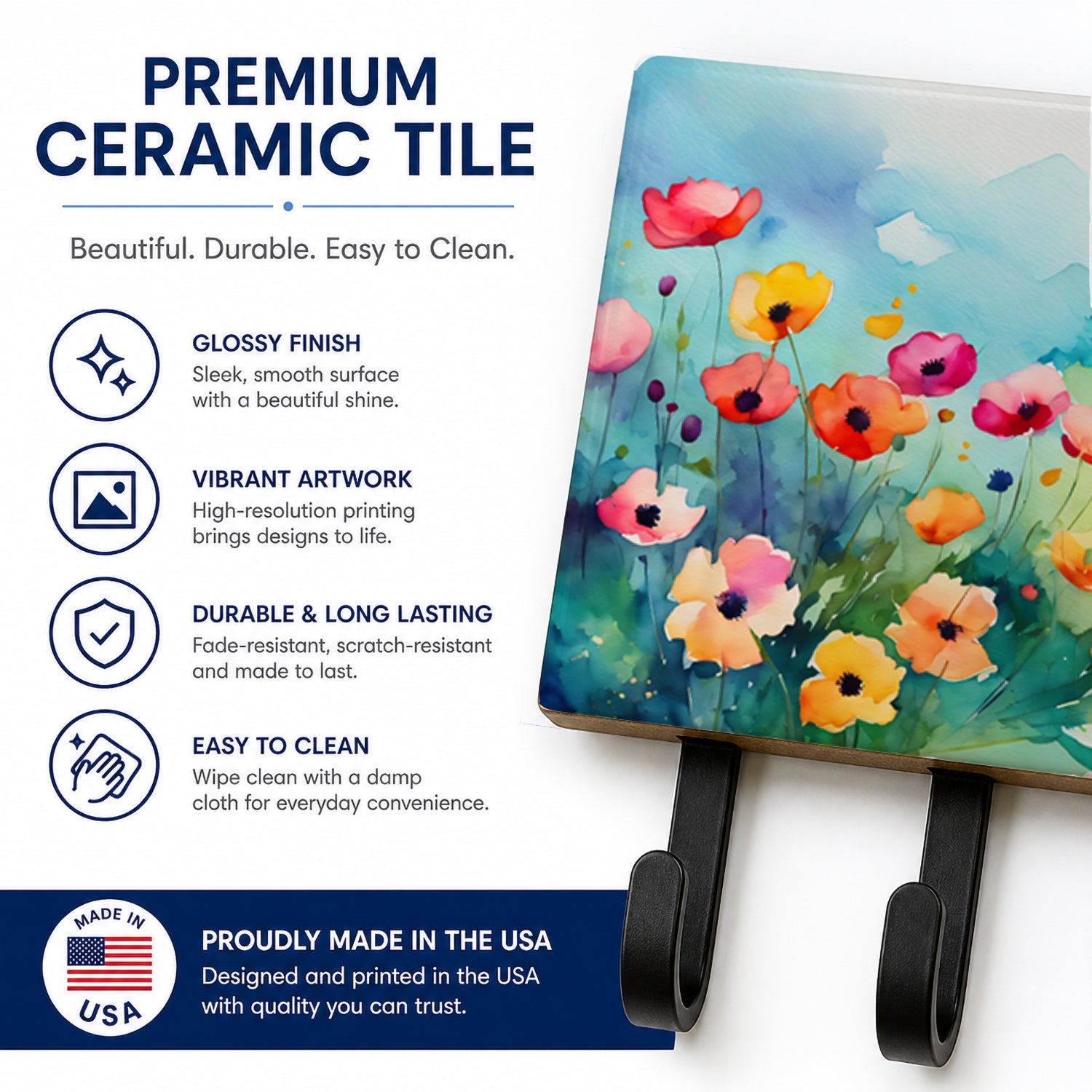 Anemones in Watercolor Leash or Key Holder Wall Hooks, Coat Rack Wall Mount, for Hanging Keys, Towels, Aprons, Leashes