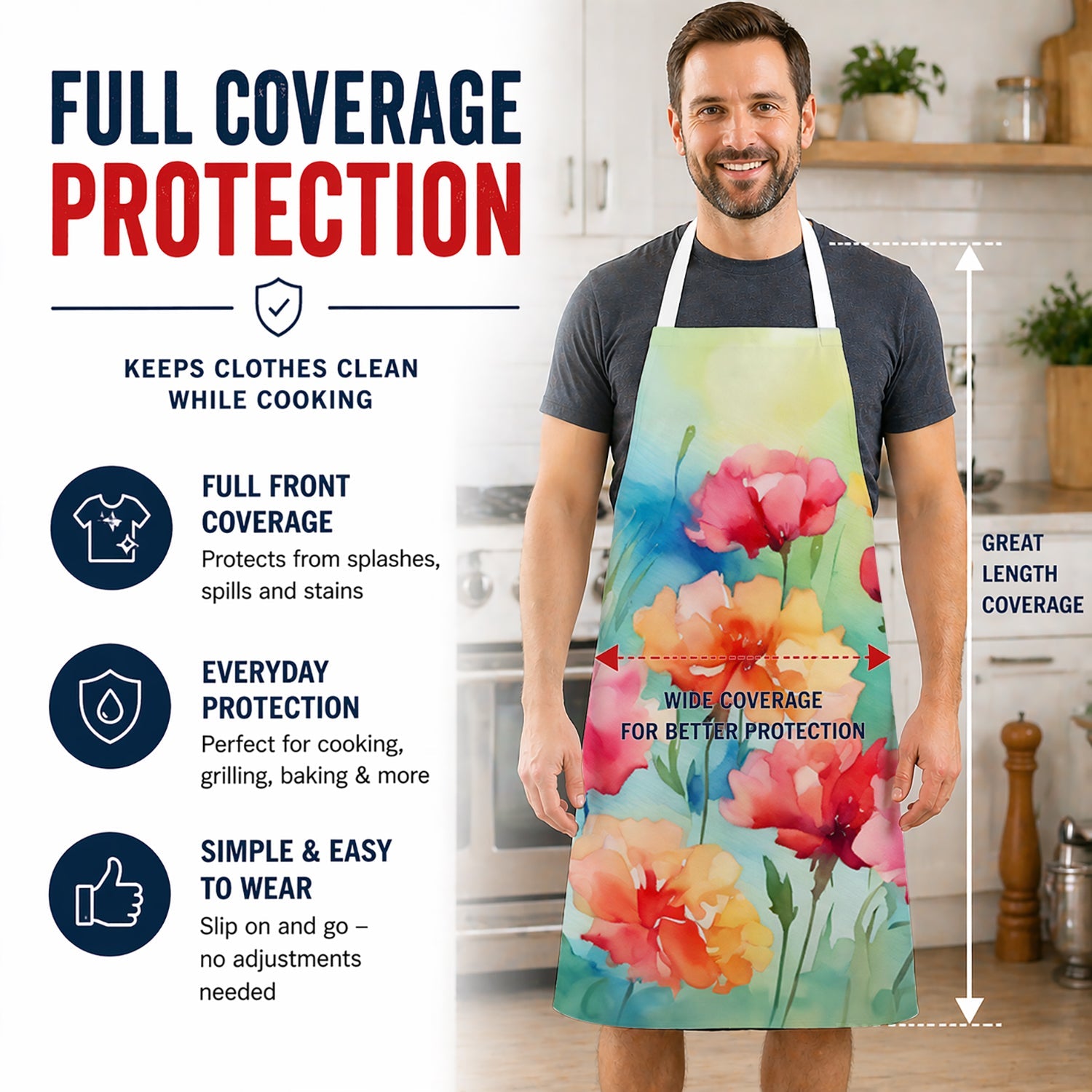 Carnations in Watercolor Apron Cooking Kitchen Server Baking Crafts Gardening for Adult Women Men, Unisex, Large, Multicolor