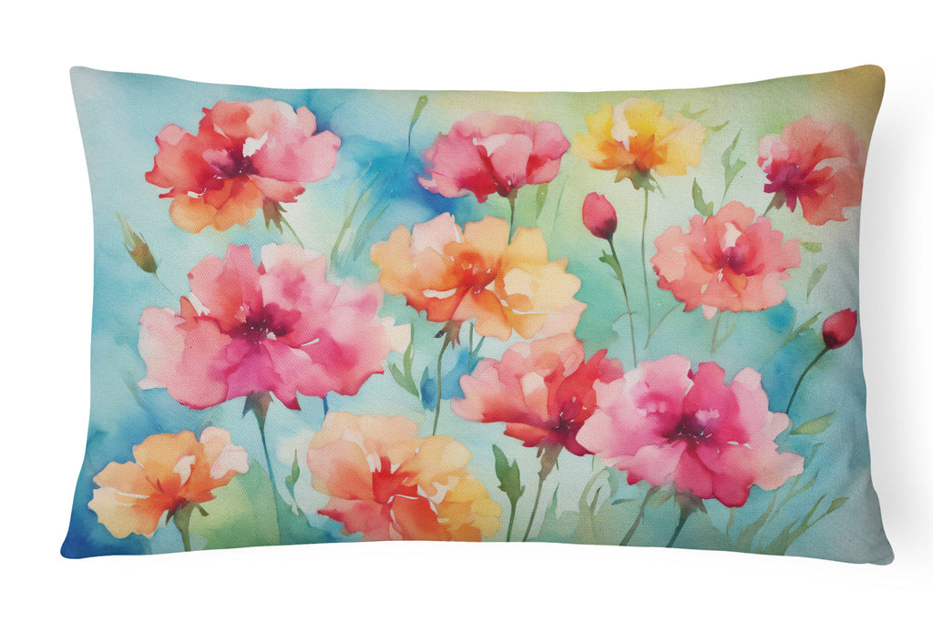 Carnations in Watercolor Decorative Throw Pillow 12x16 Indoor Outdoor Accent Cushion, Fabric Cover with Insert for Sofa, Bed, Porch & Living Room